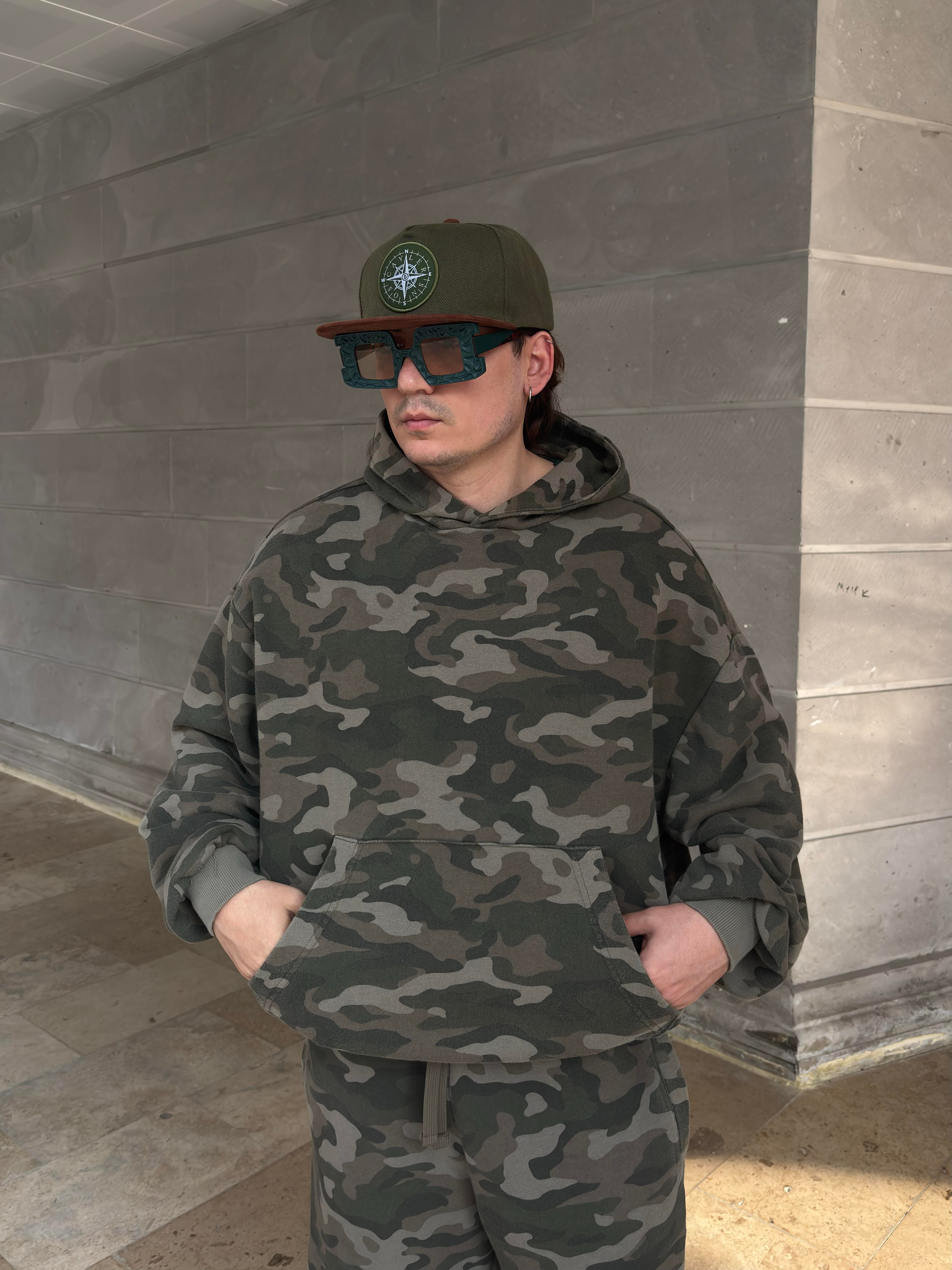 Premium Camouflage Boxy Fit Kapüşonlu Sweatshirt
