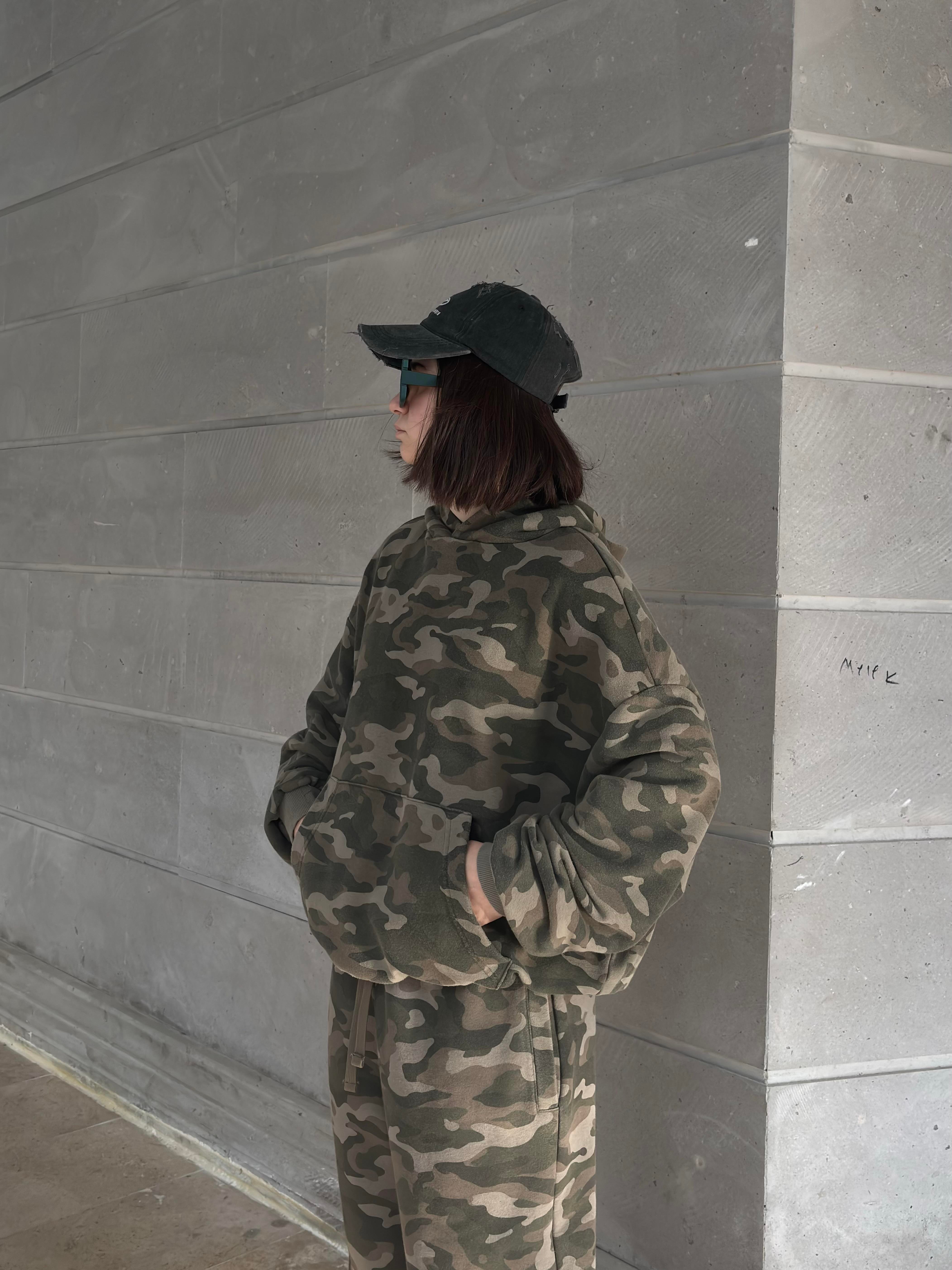 Premium Camouflage Boxy Fit Kapüşonlu Sweatshirt