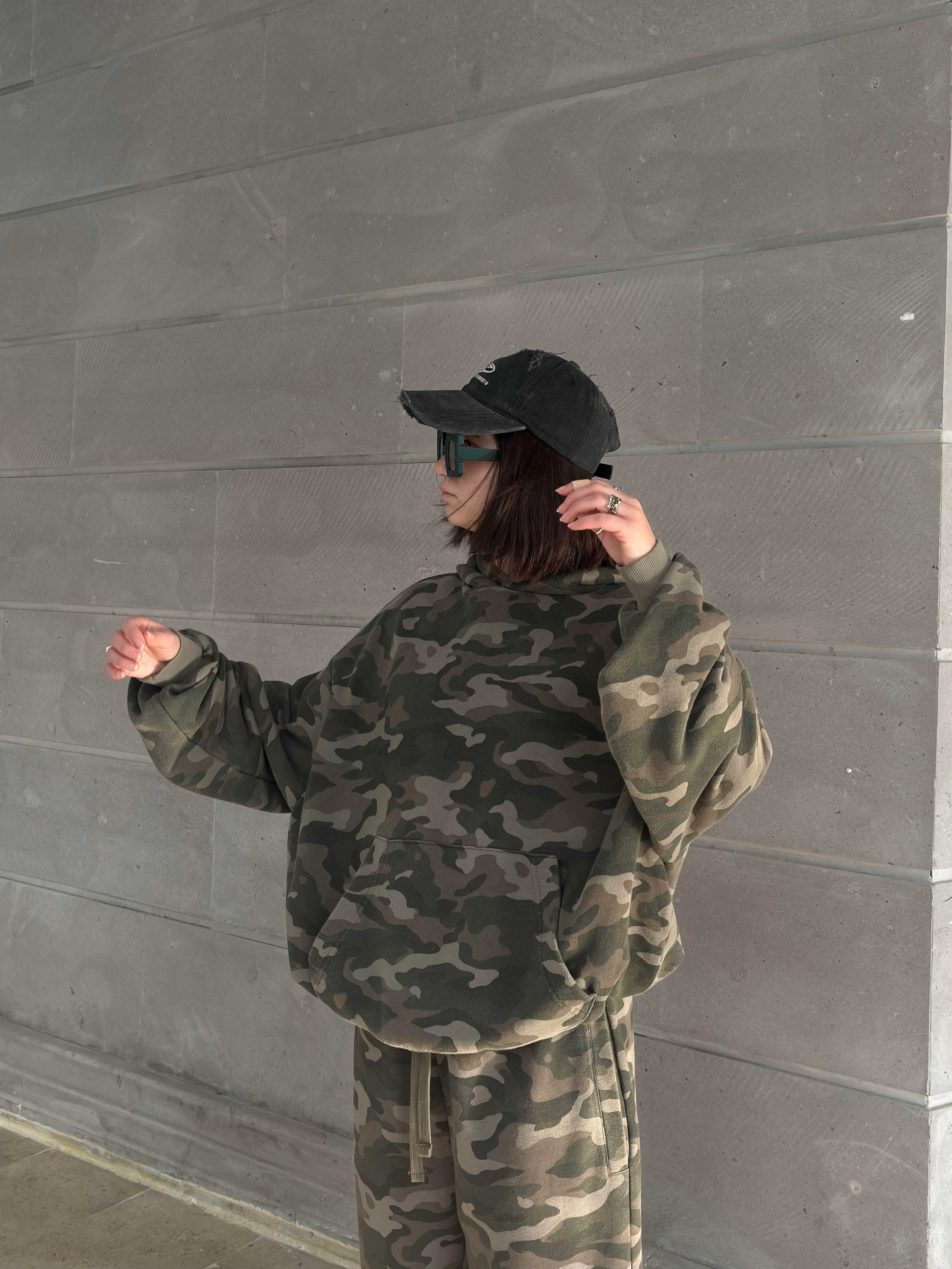 Premium Camouflage Boxy Fit Kapüşonlu Sweatshirt