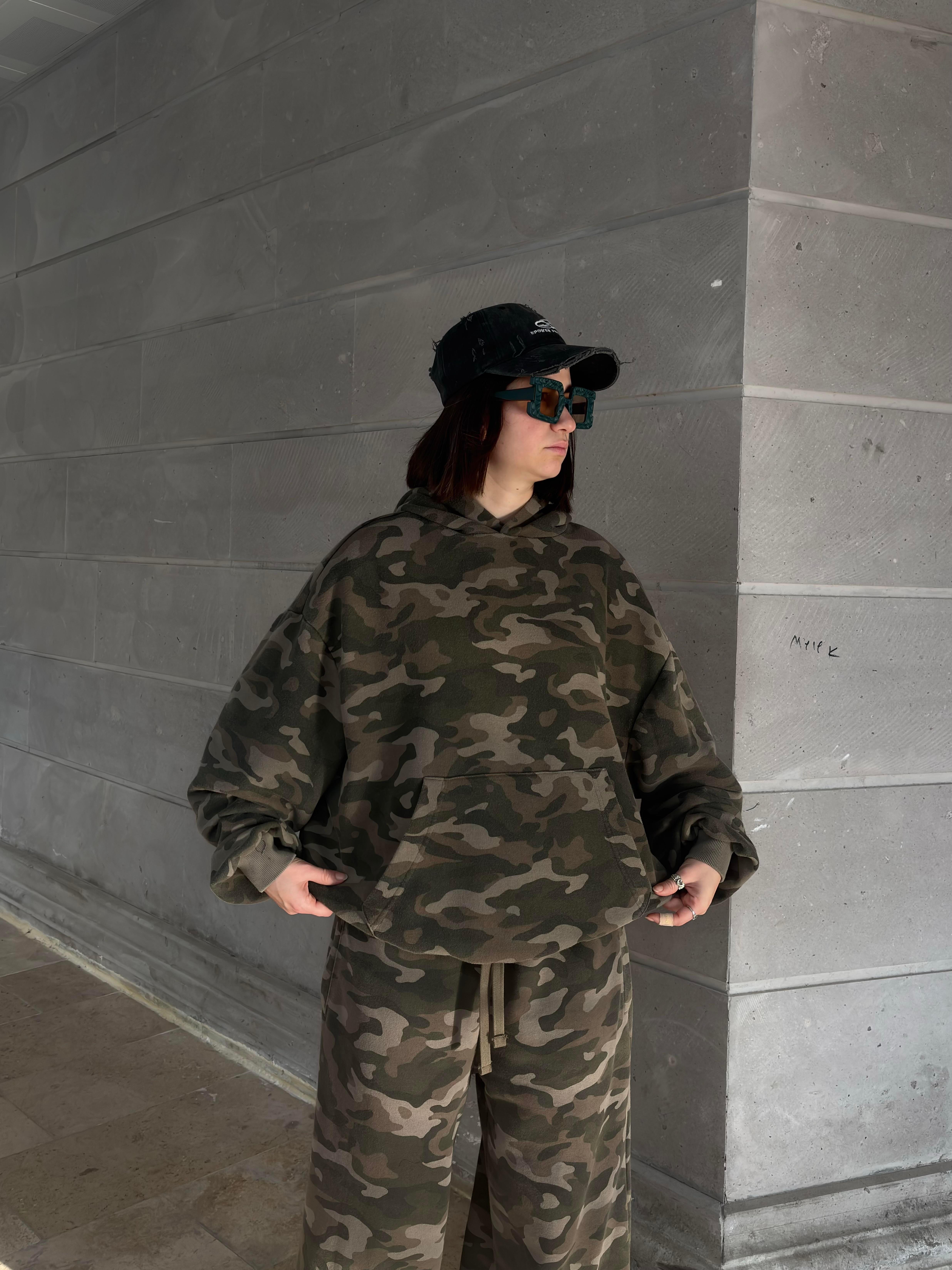 Premium Camouflage Boxy Fit Kapüşonlu Sweatshirt