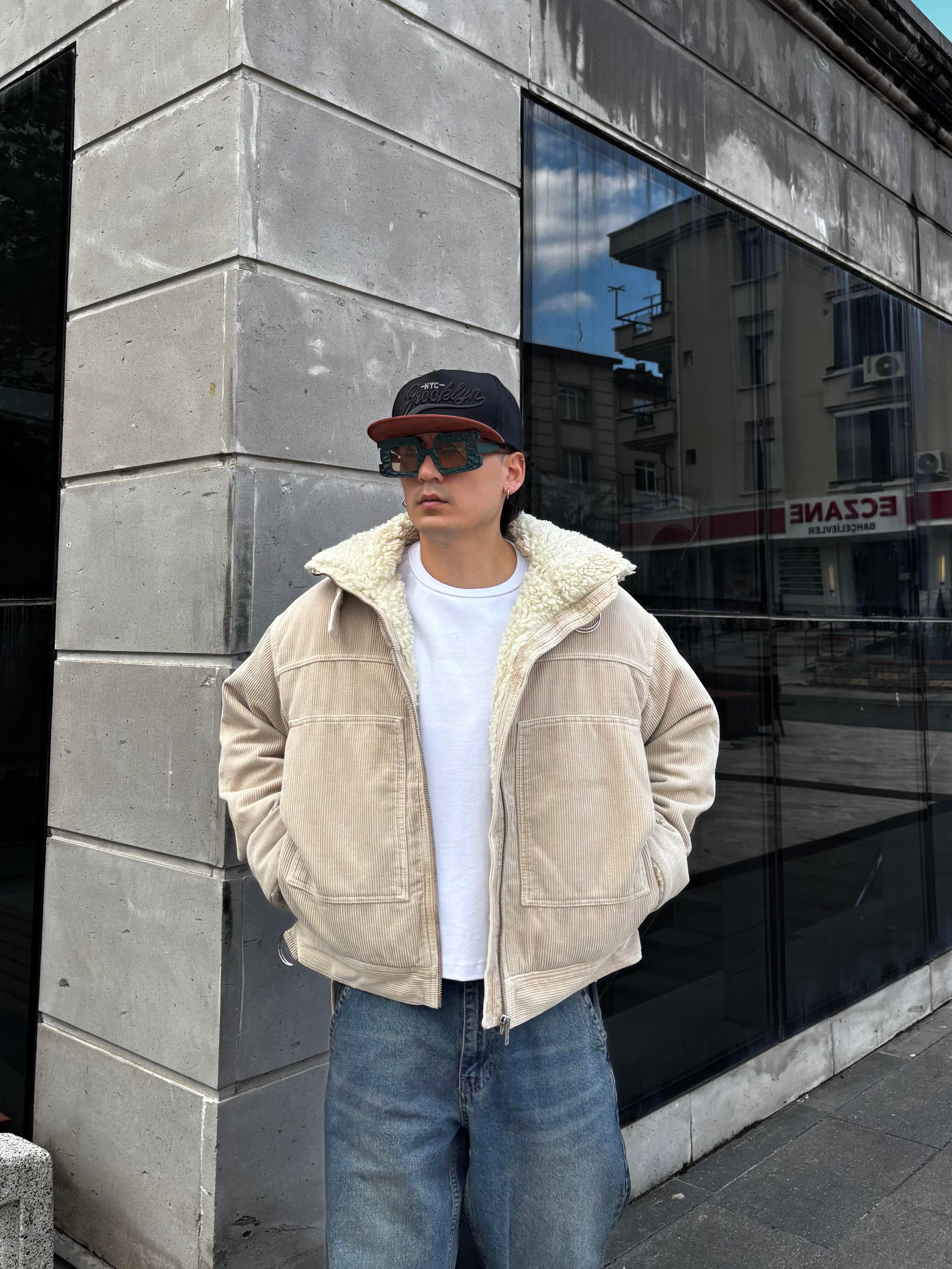 Premium Cord And Borg Utility Cream Jacket
