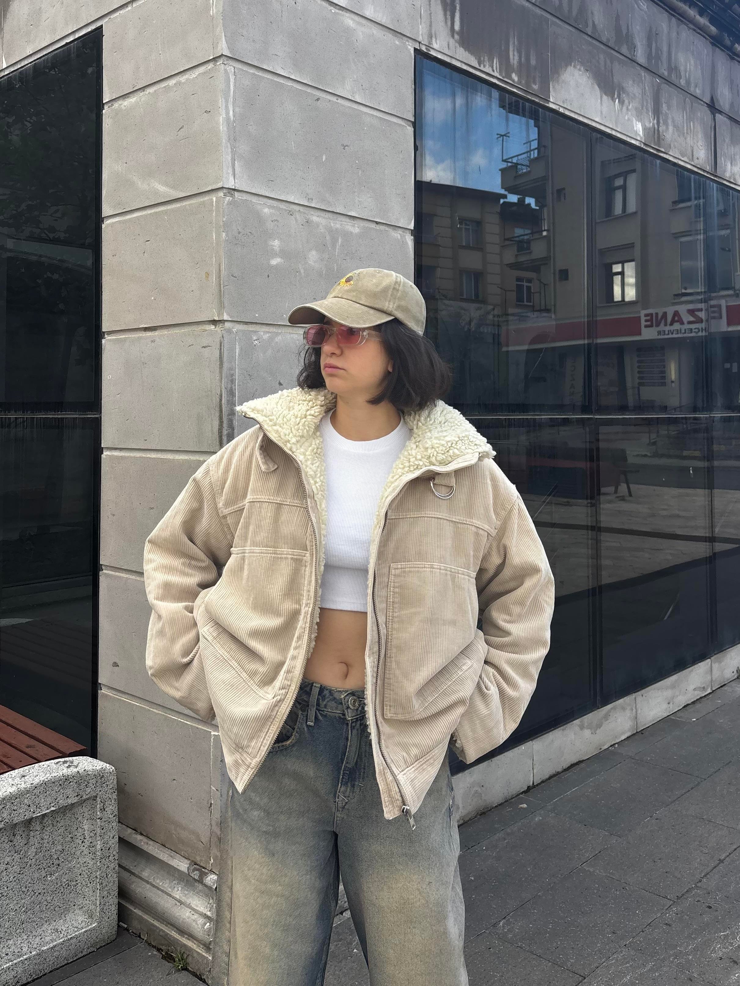 Premium Cord And Borg Utility Cream Jacket