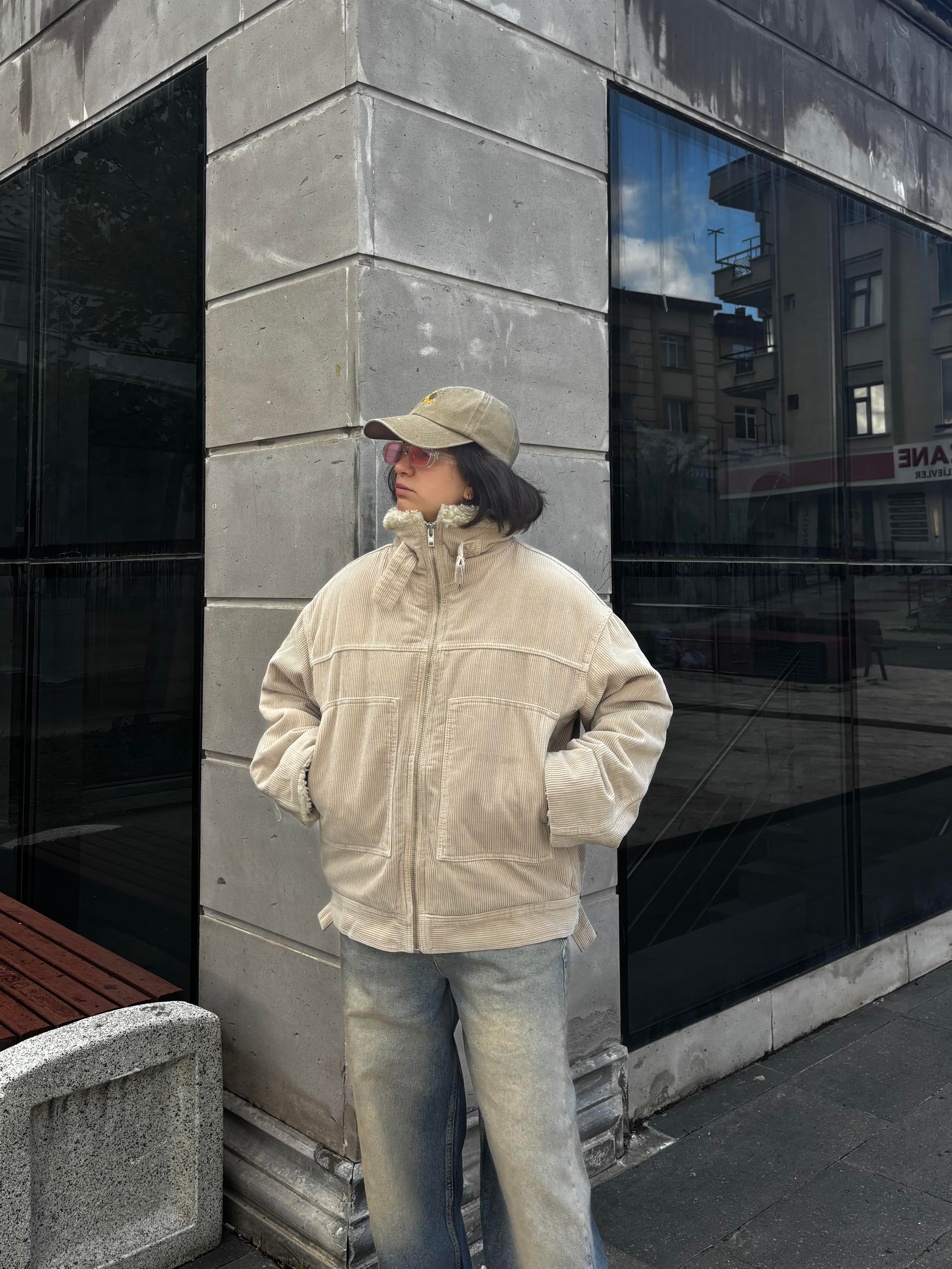 Premium Cord And Borg Utility Cream Jacket