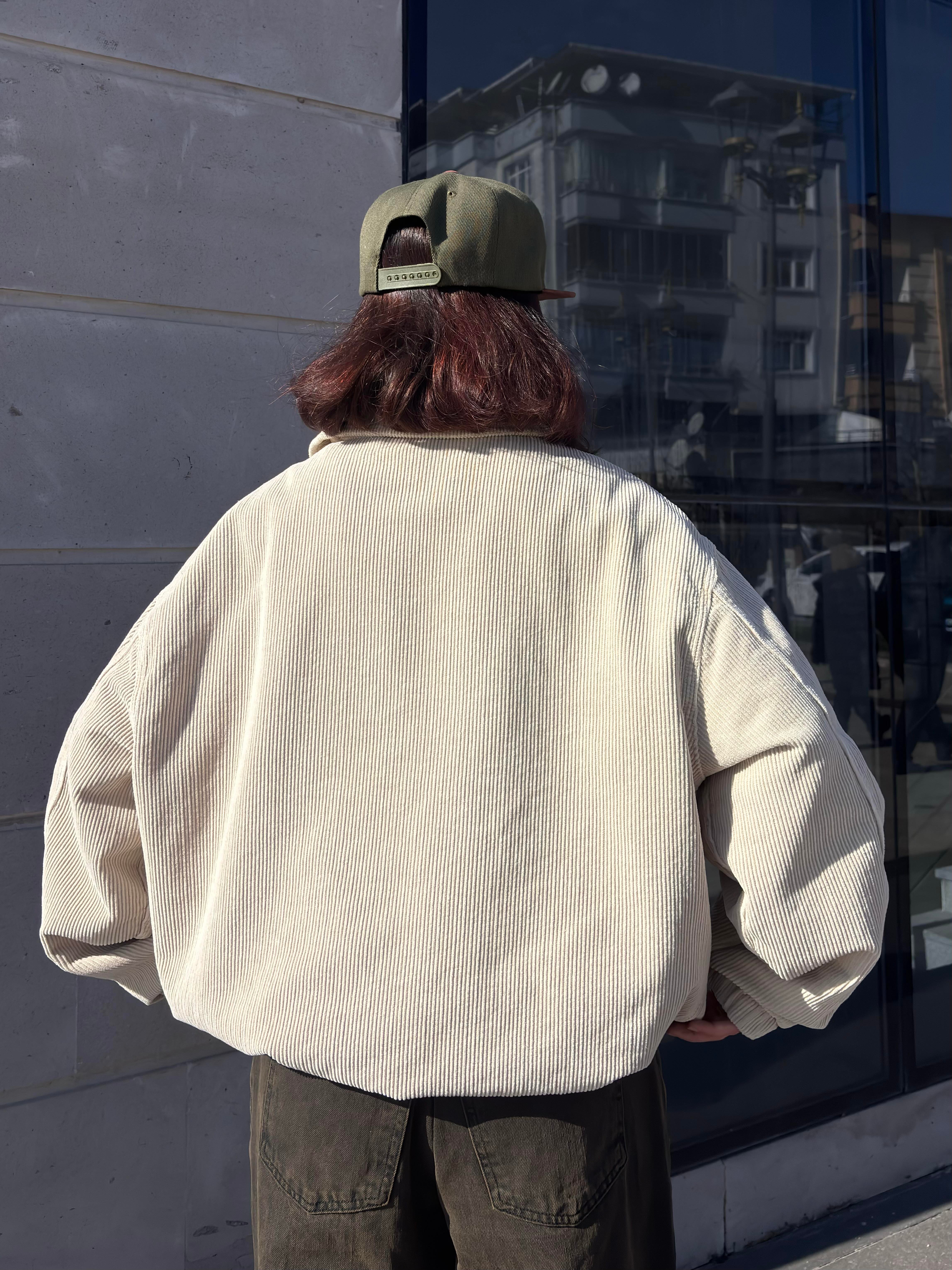 Premium Cream Tone Fitilli Kadife Harrington Jacket