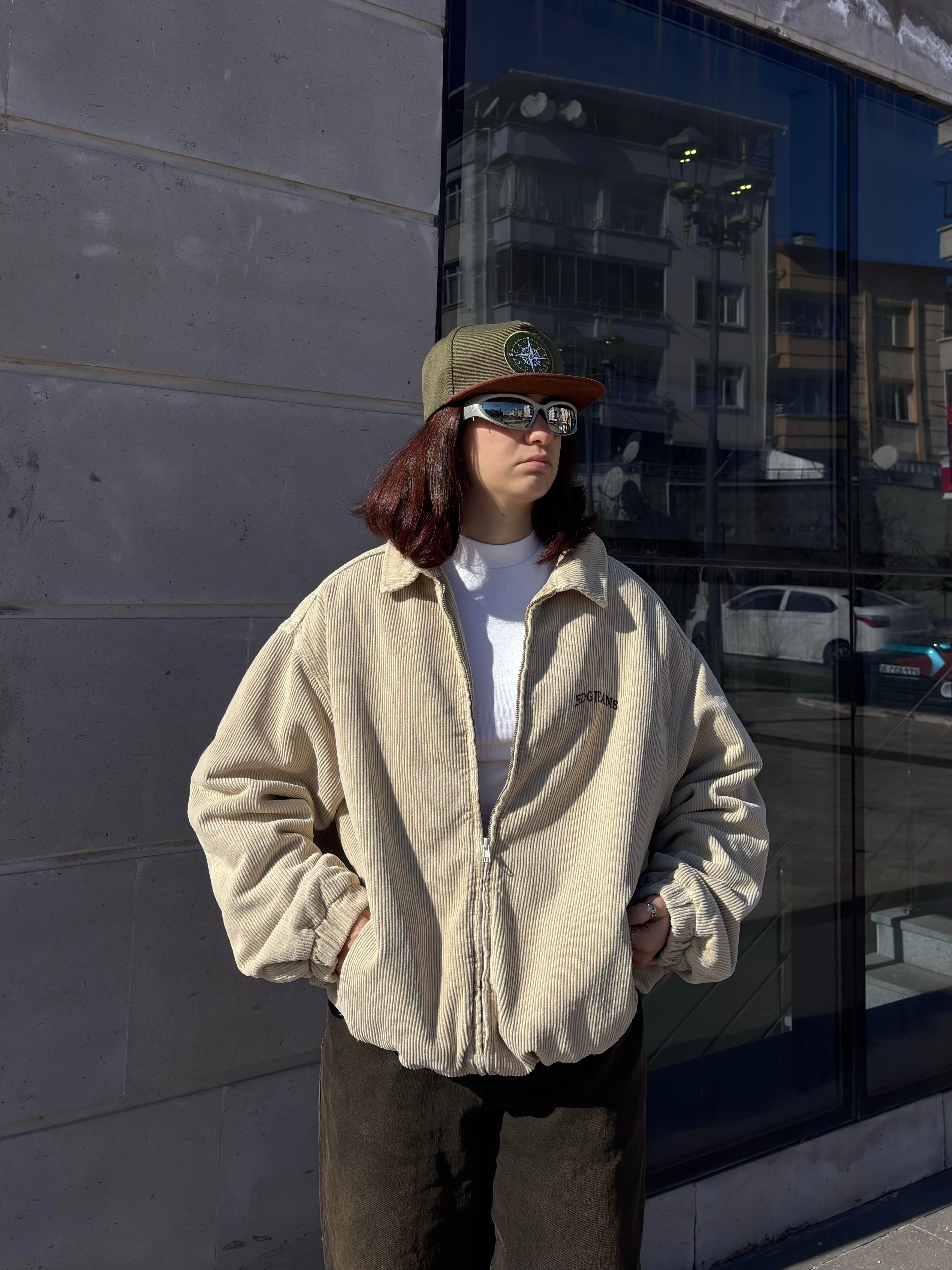 Premium Cream Tone Fitilli Kadife Harrington Jacket