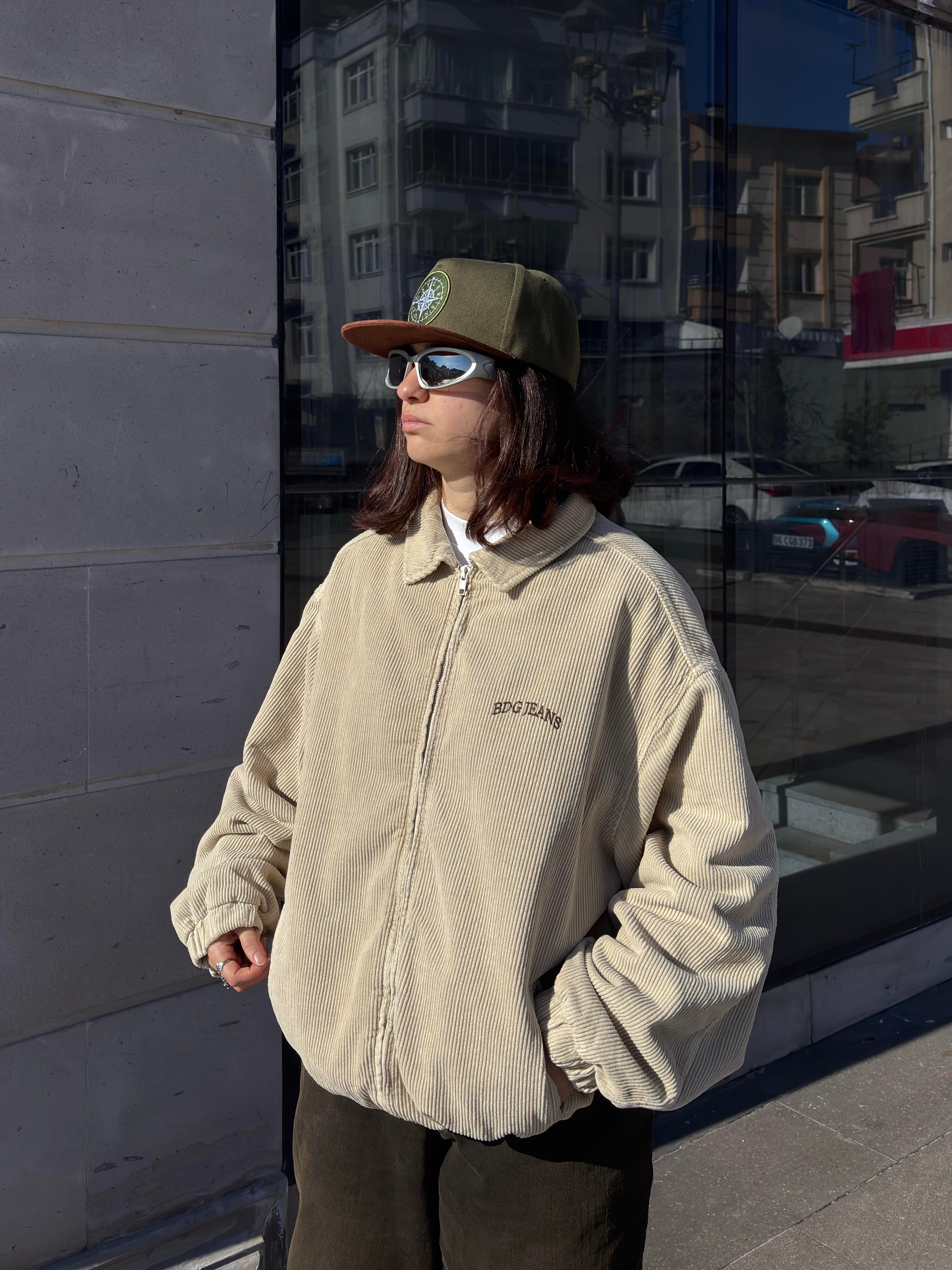 Premium Cream Tone Fitilli Kadife Harrington Jacket