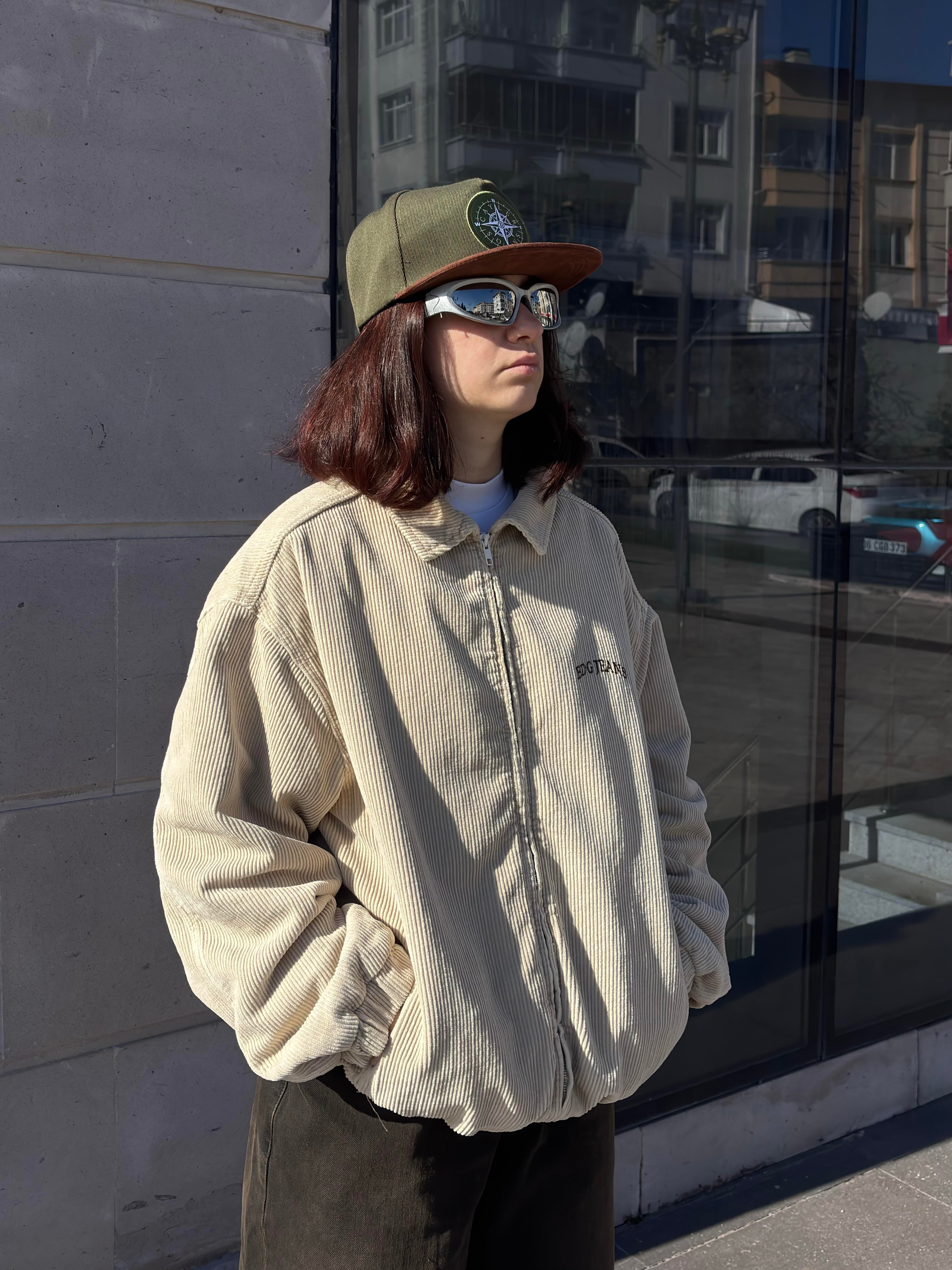 Premium Cream Tone Fitilli Kadife Harrington Jacket
