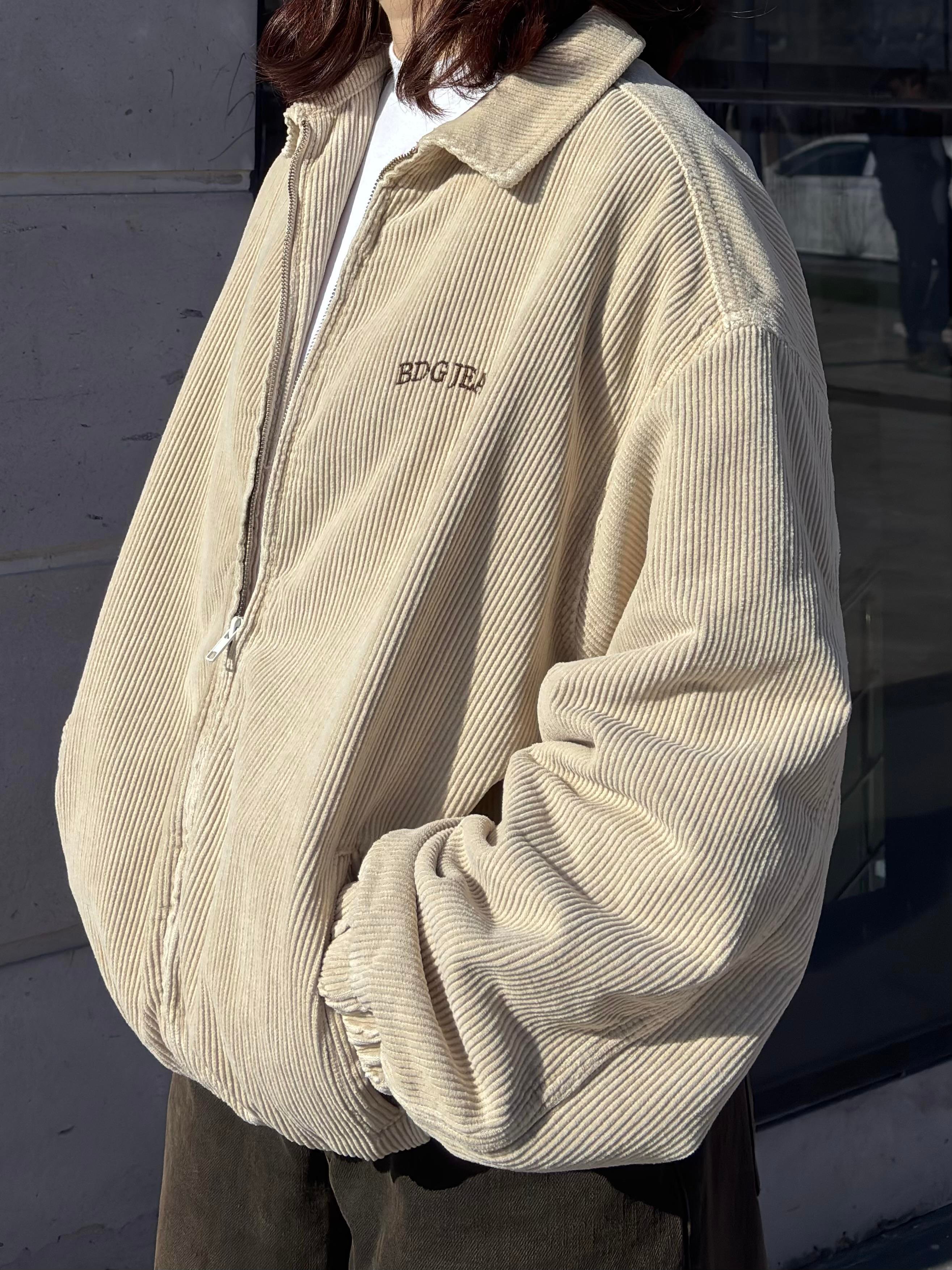 Premium Cream Tone Fitilli Kadife Harrington Jacket
