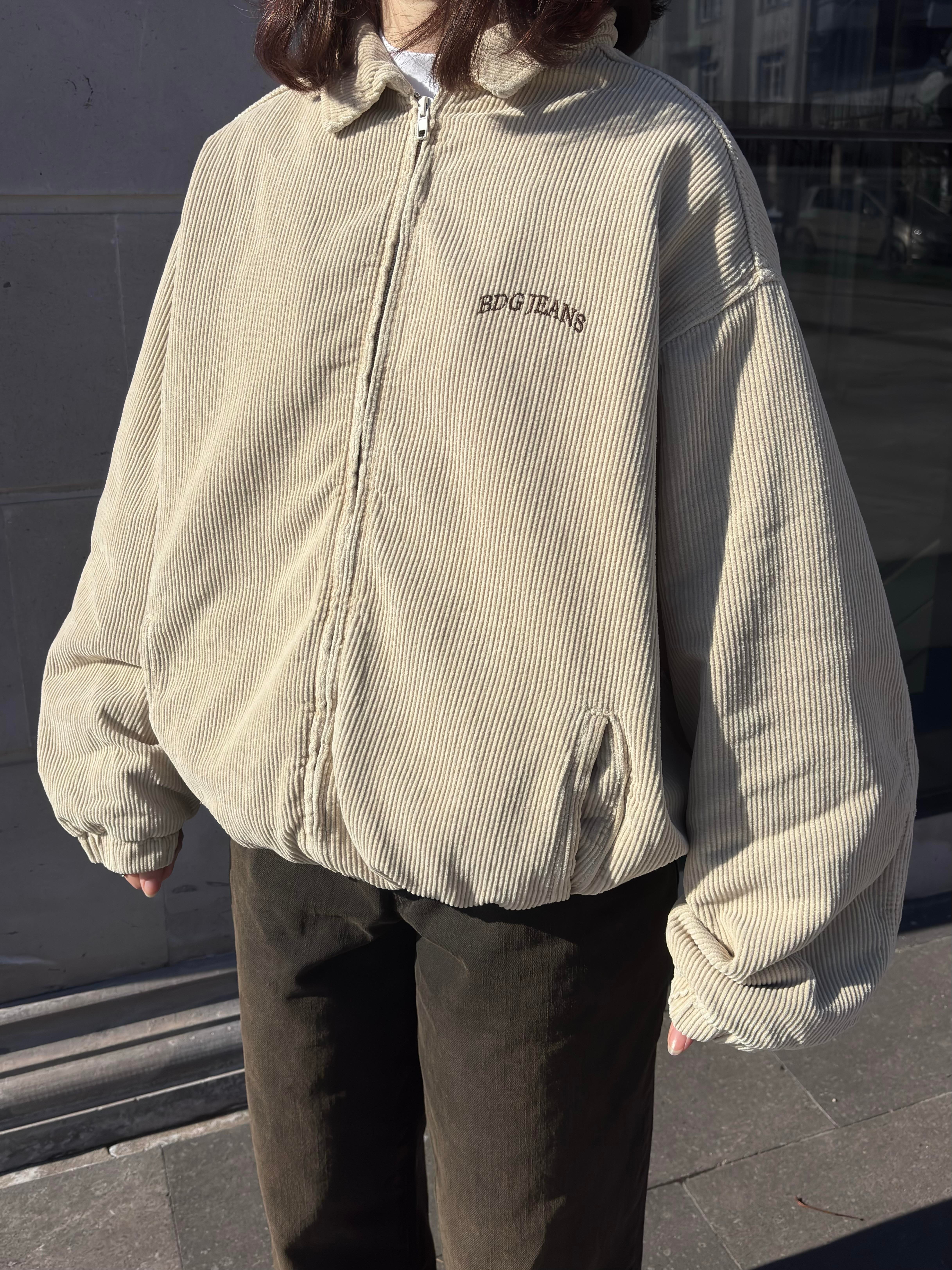 Premium Cream Tone Fitilli Kadife Harrington Jacket