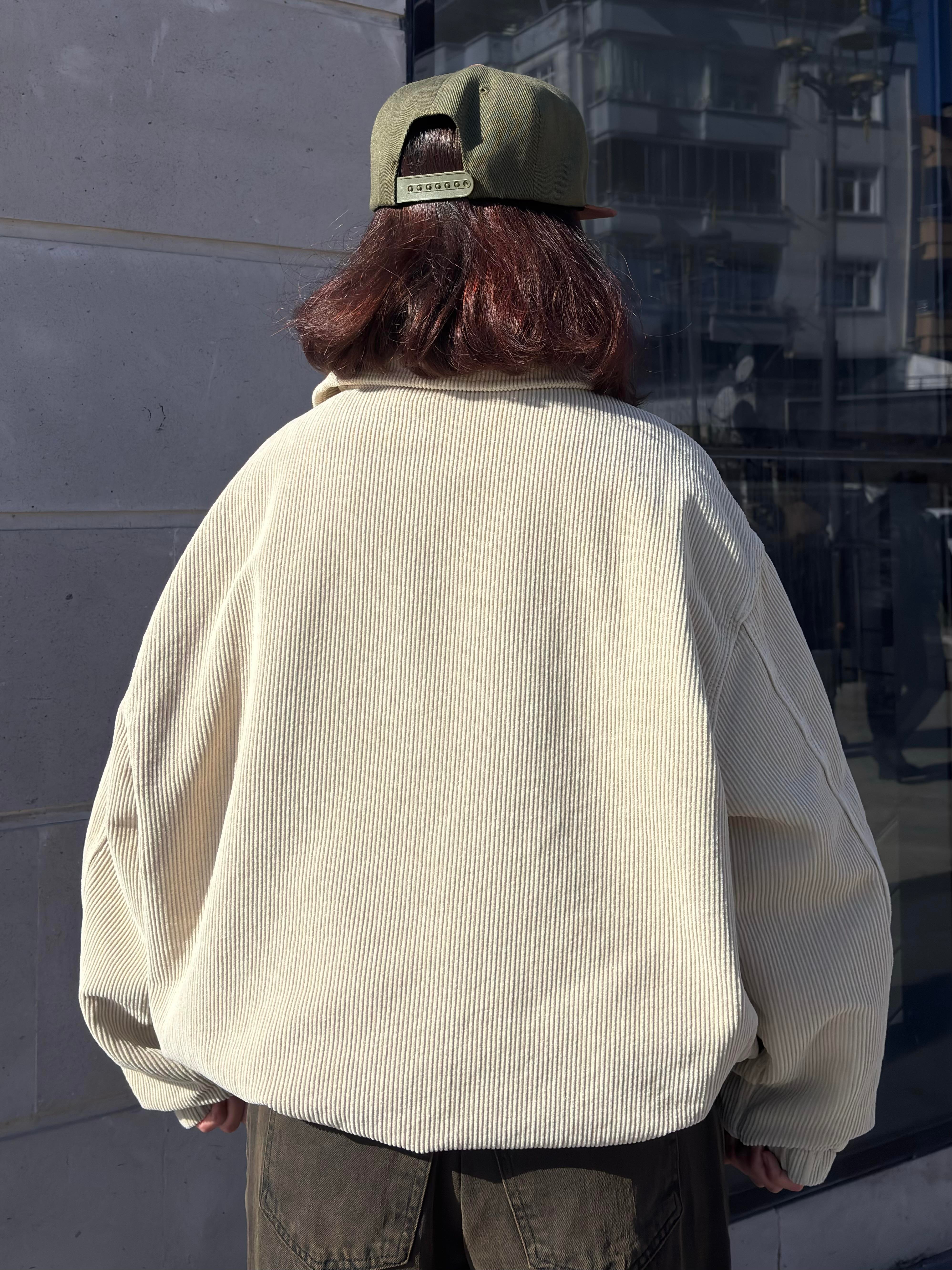 Premium Cream Tone Fitilli Kadife Harrington Jacket