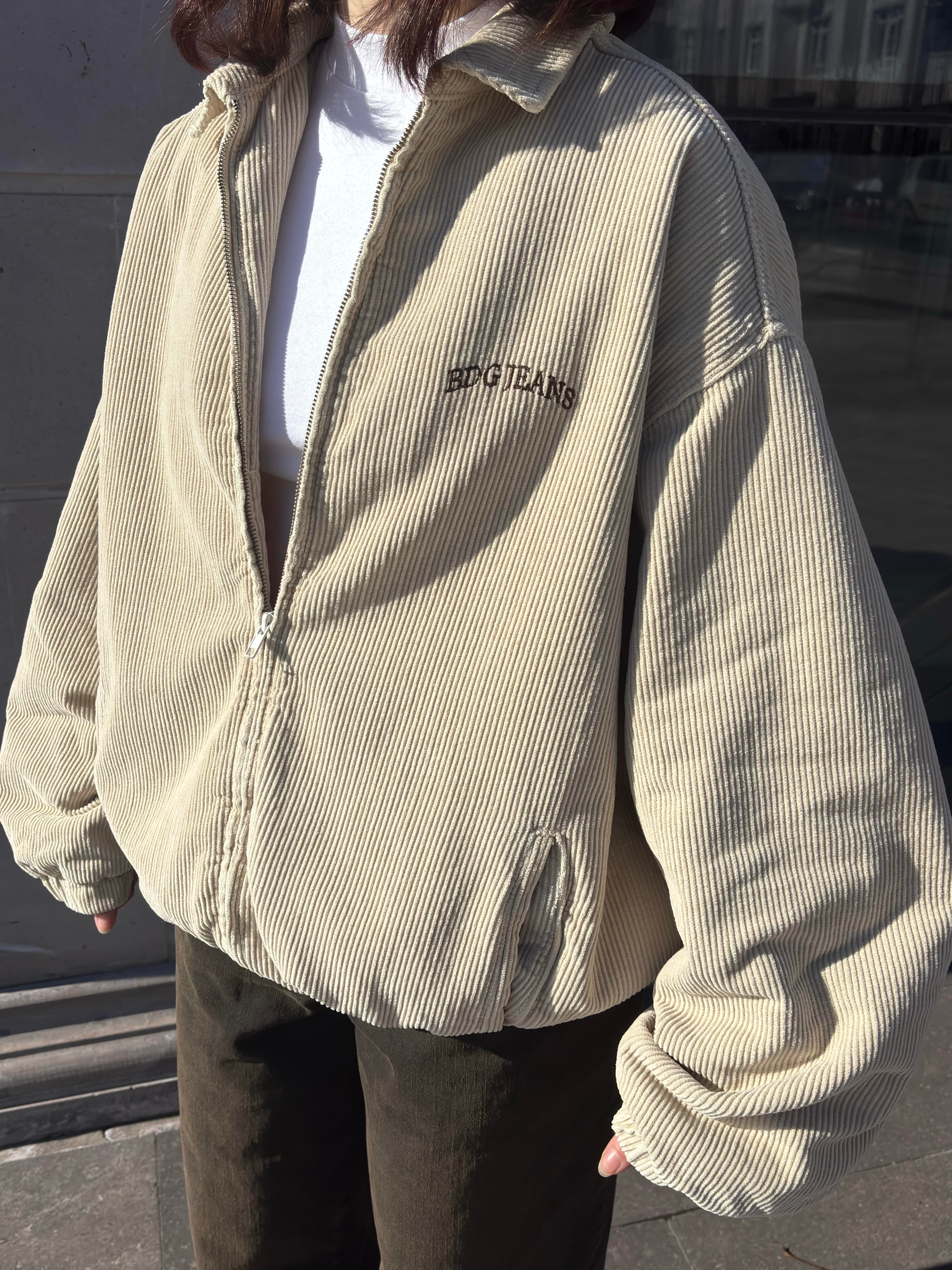 Premium Cream Tone Fitilli Kadife Harrington Jacket