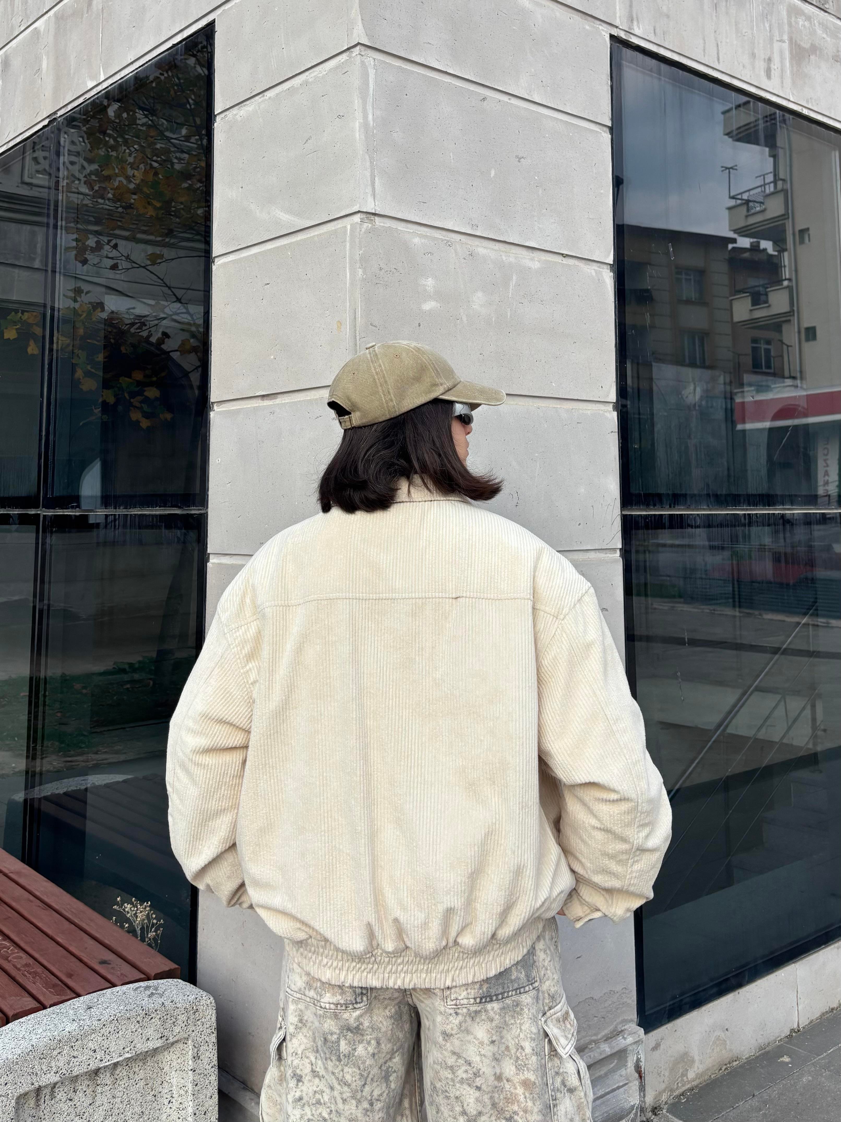 Premium Cream Tone  Luca Conduroy Bomber Jacket