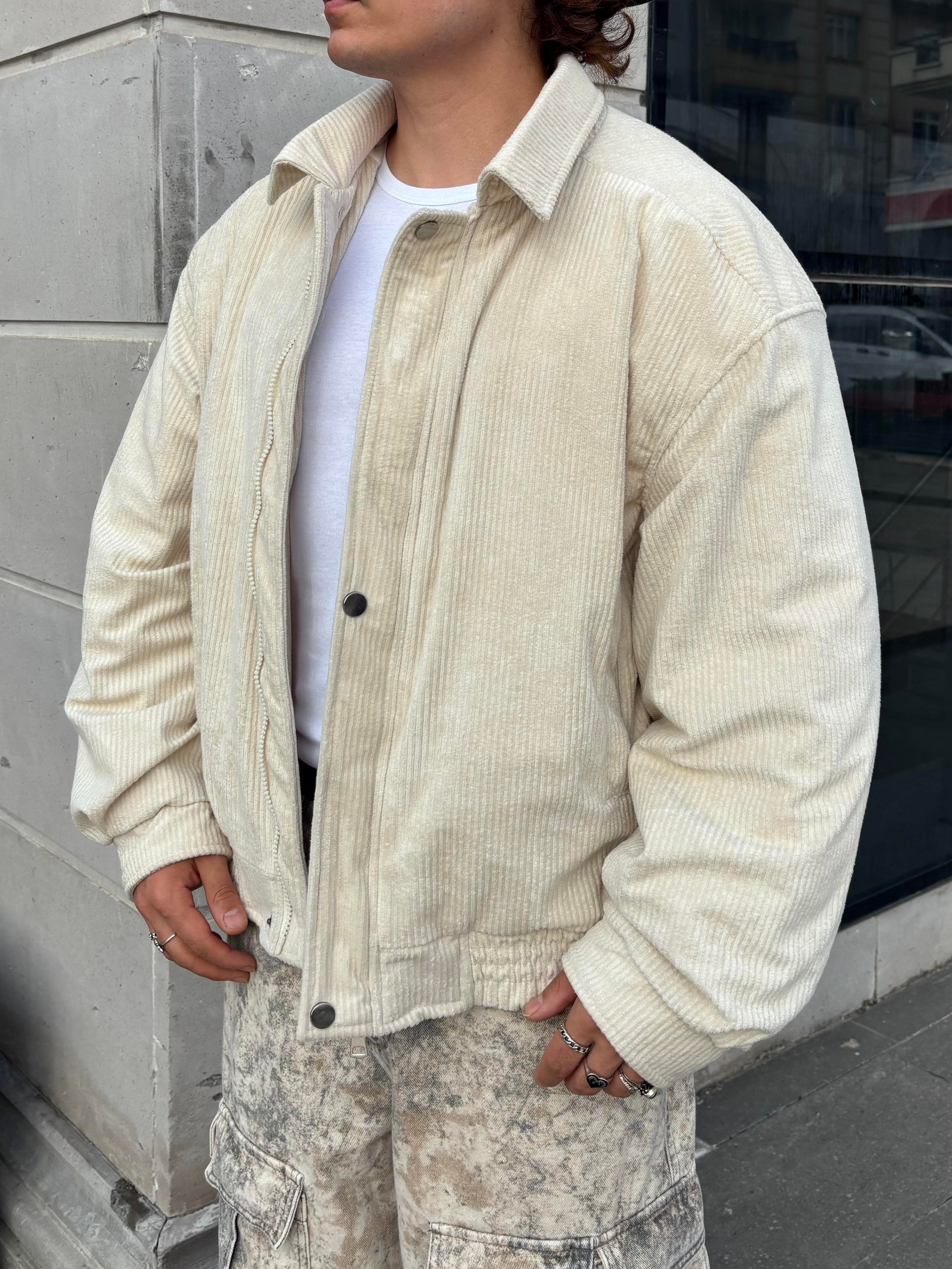 Premium Cream Tone  Luca Conduroy Bomber Jacket