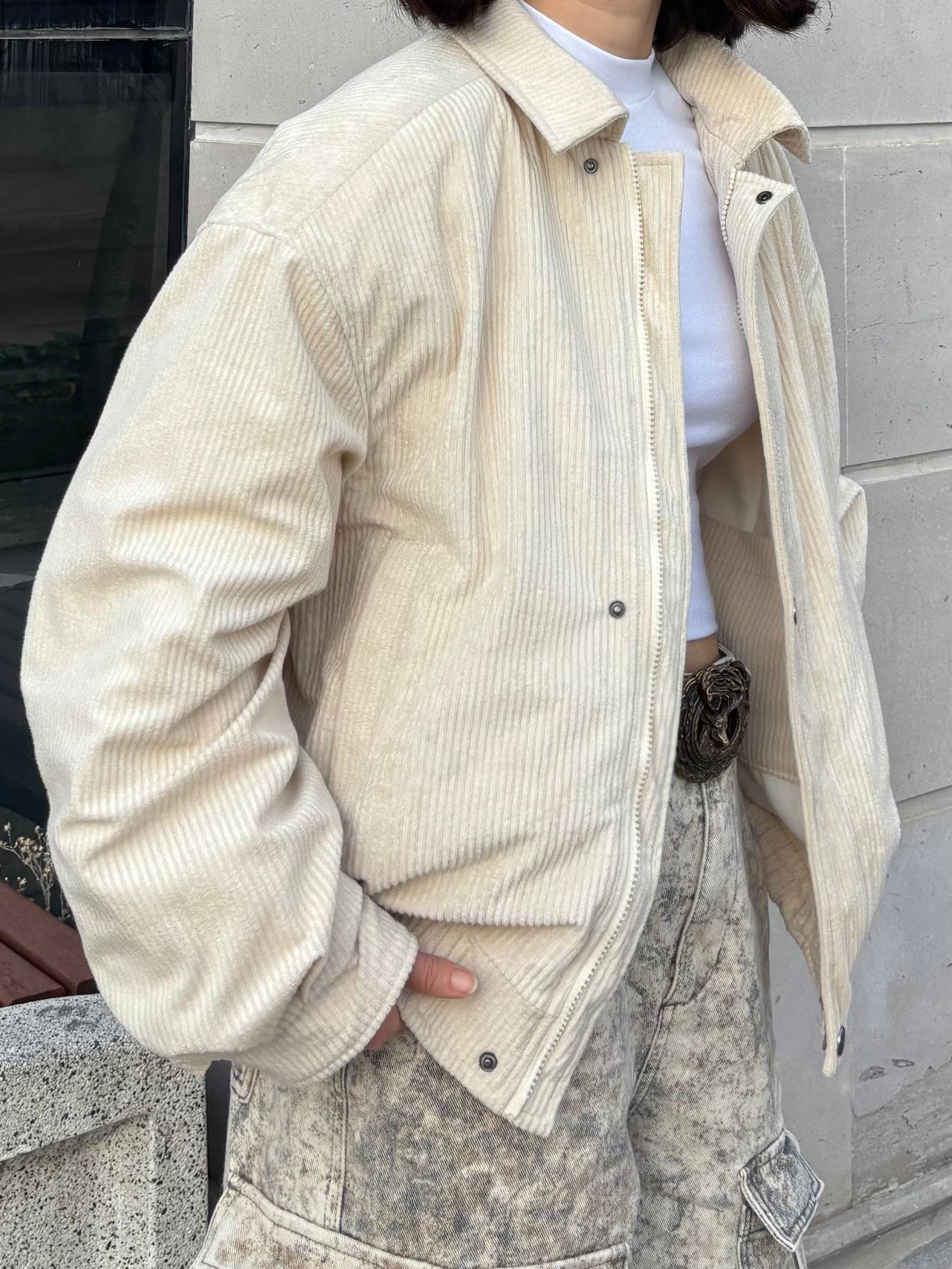 Premium Cream Tone  Luca Conduroy Bomber Jacket