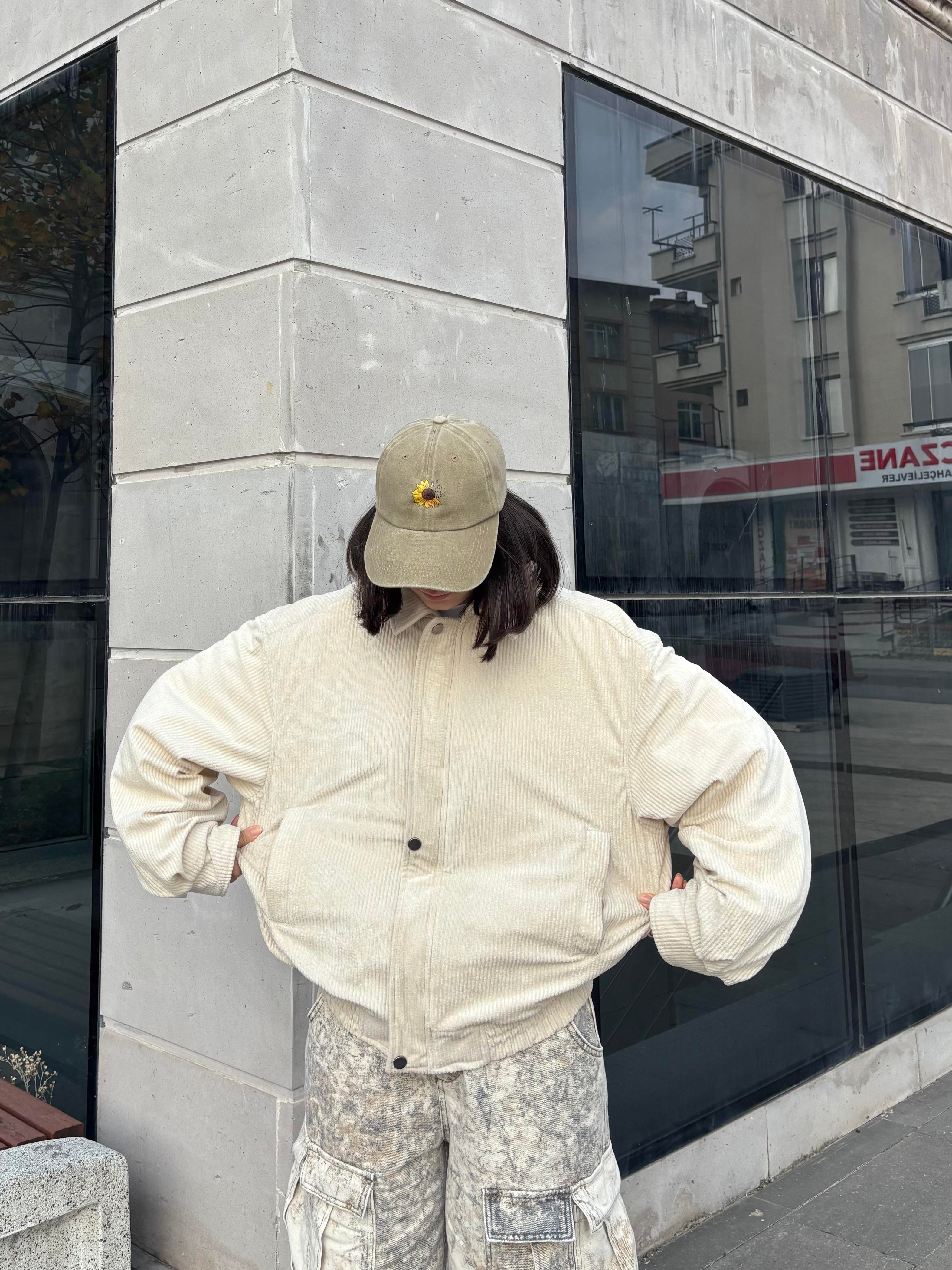Premium Cream Tone  Luca Conduroy Bomber Jacket