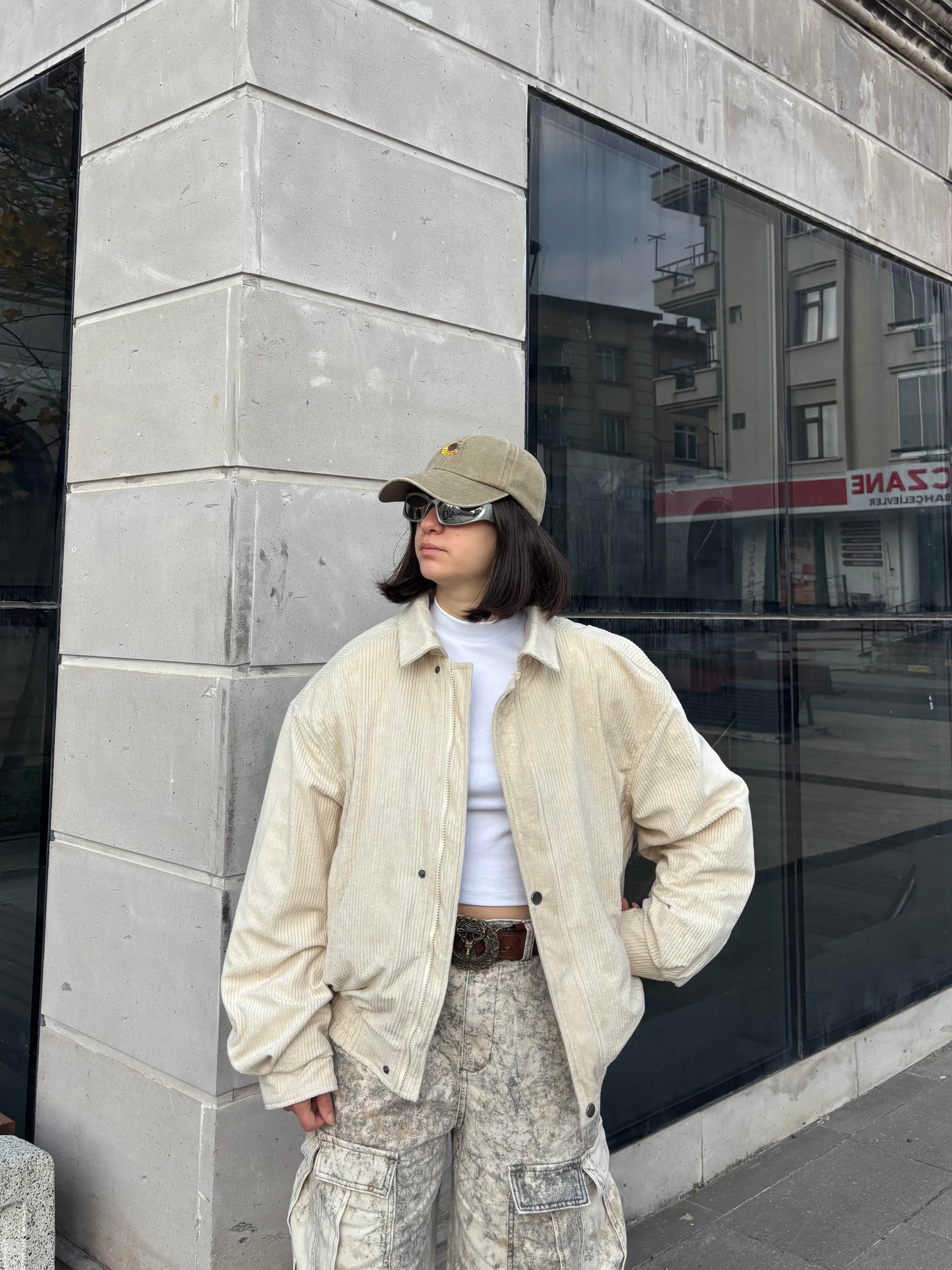 Premium Cream Tone  Luca Conduroy Bomber Jacket