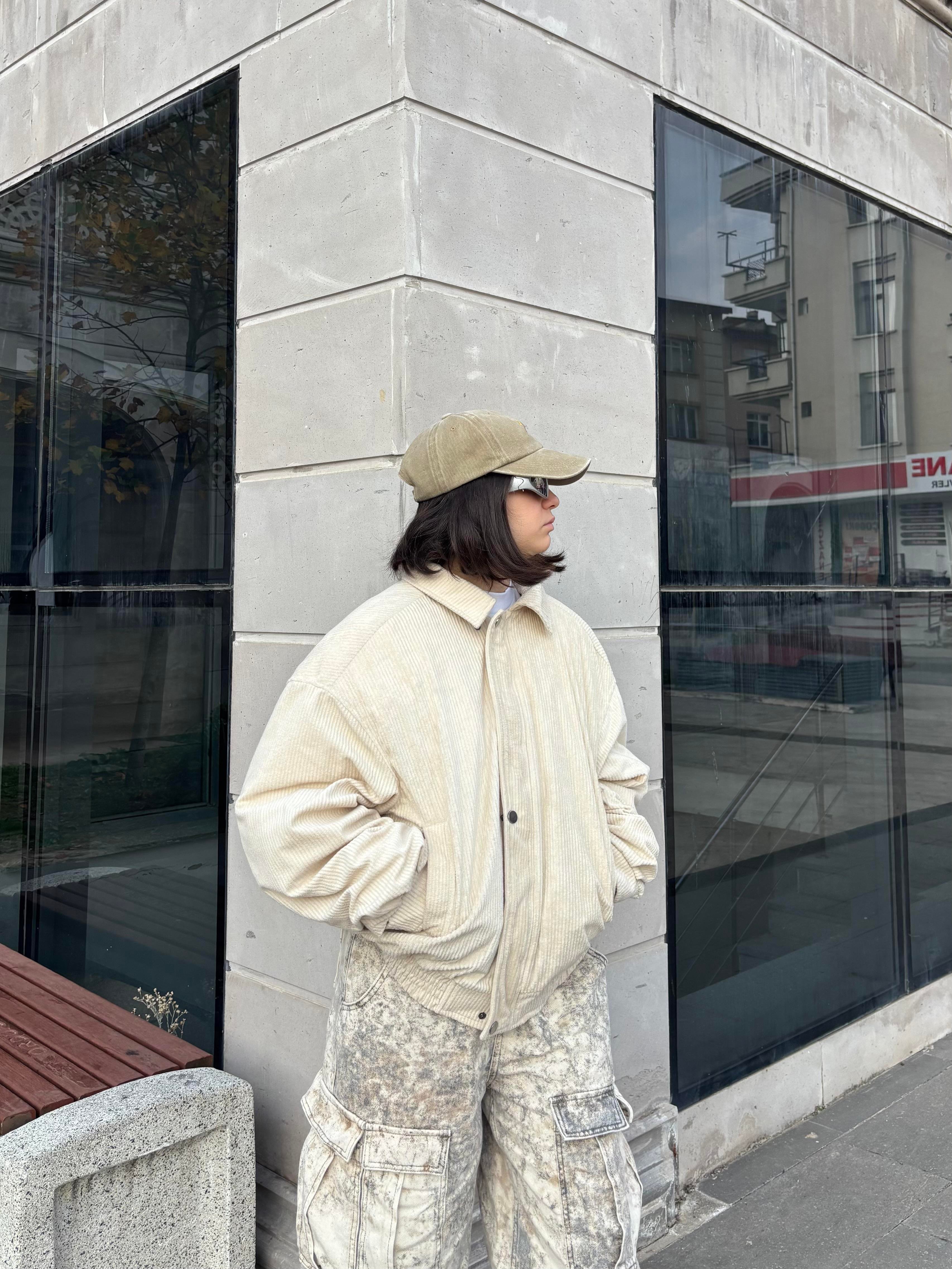 Premium Cream Tone  Luca Conduroy Bomber Jacket