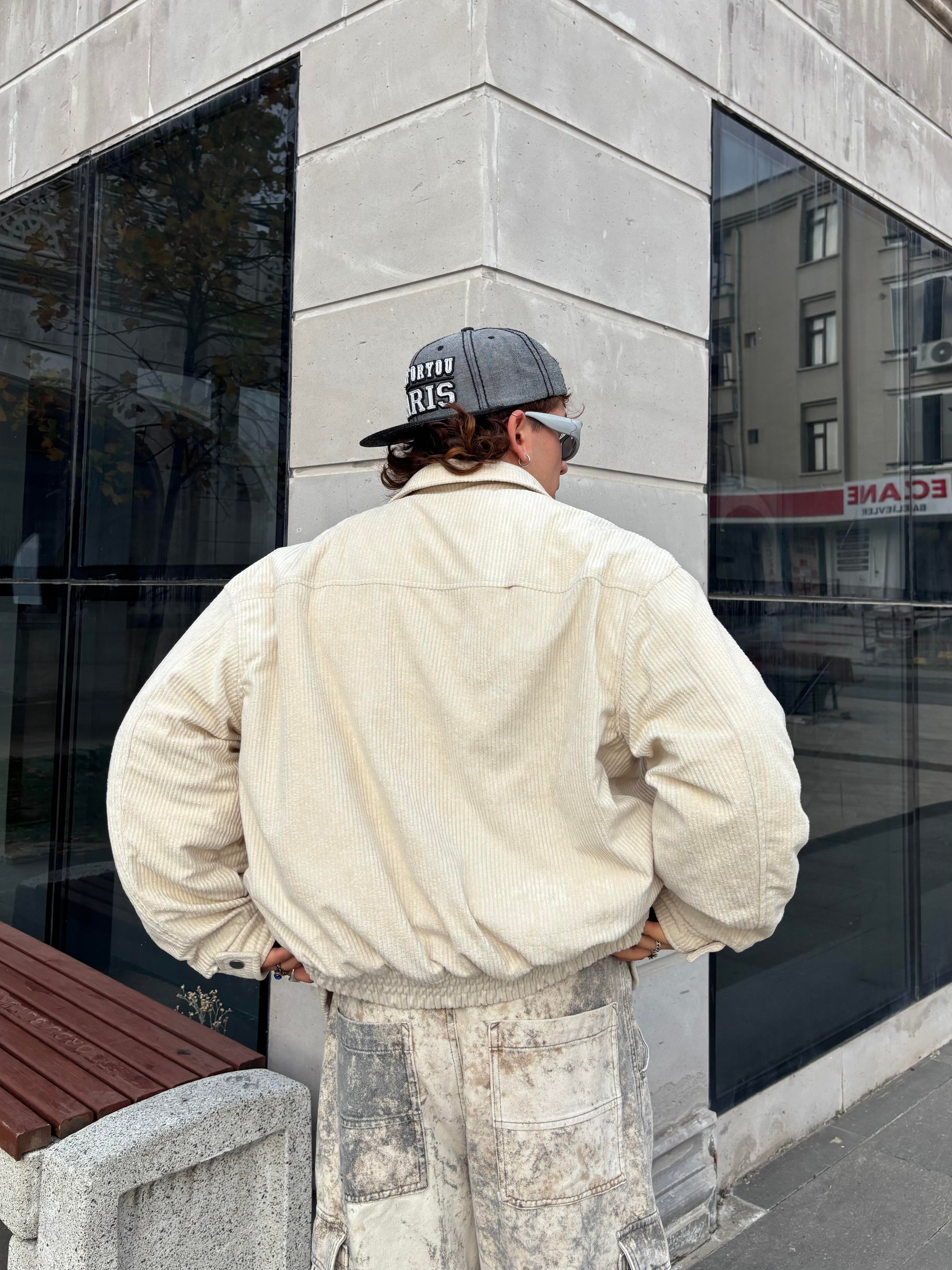 Premium Cream Tone  Luca Conduroy Bomber Jacket