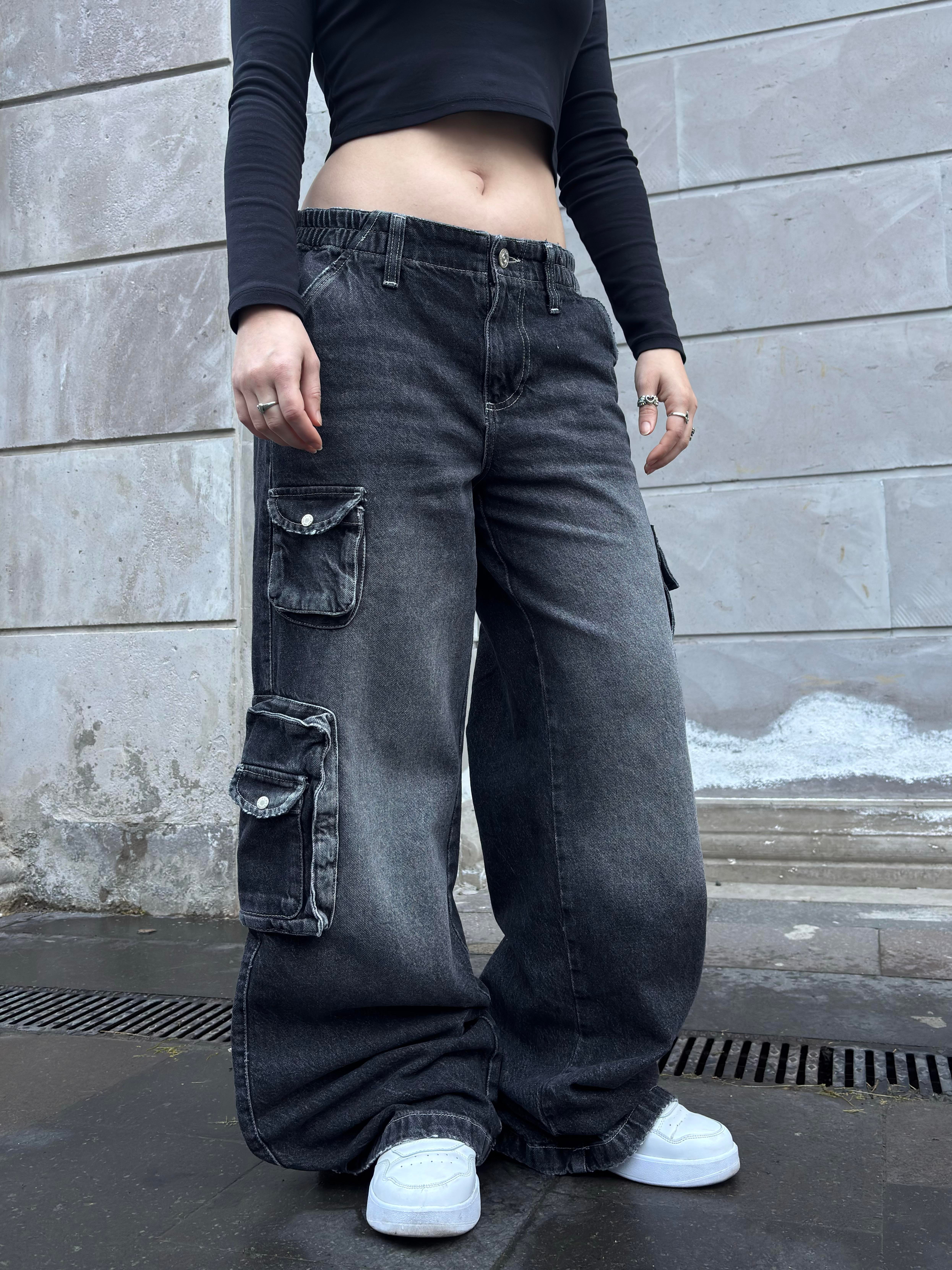 Premium Cyber Y2K Cargo Black Tinted Jeans