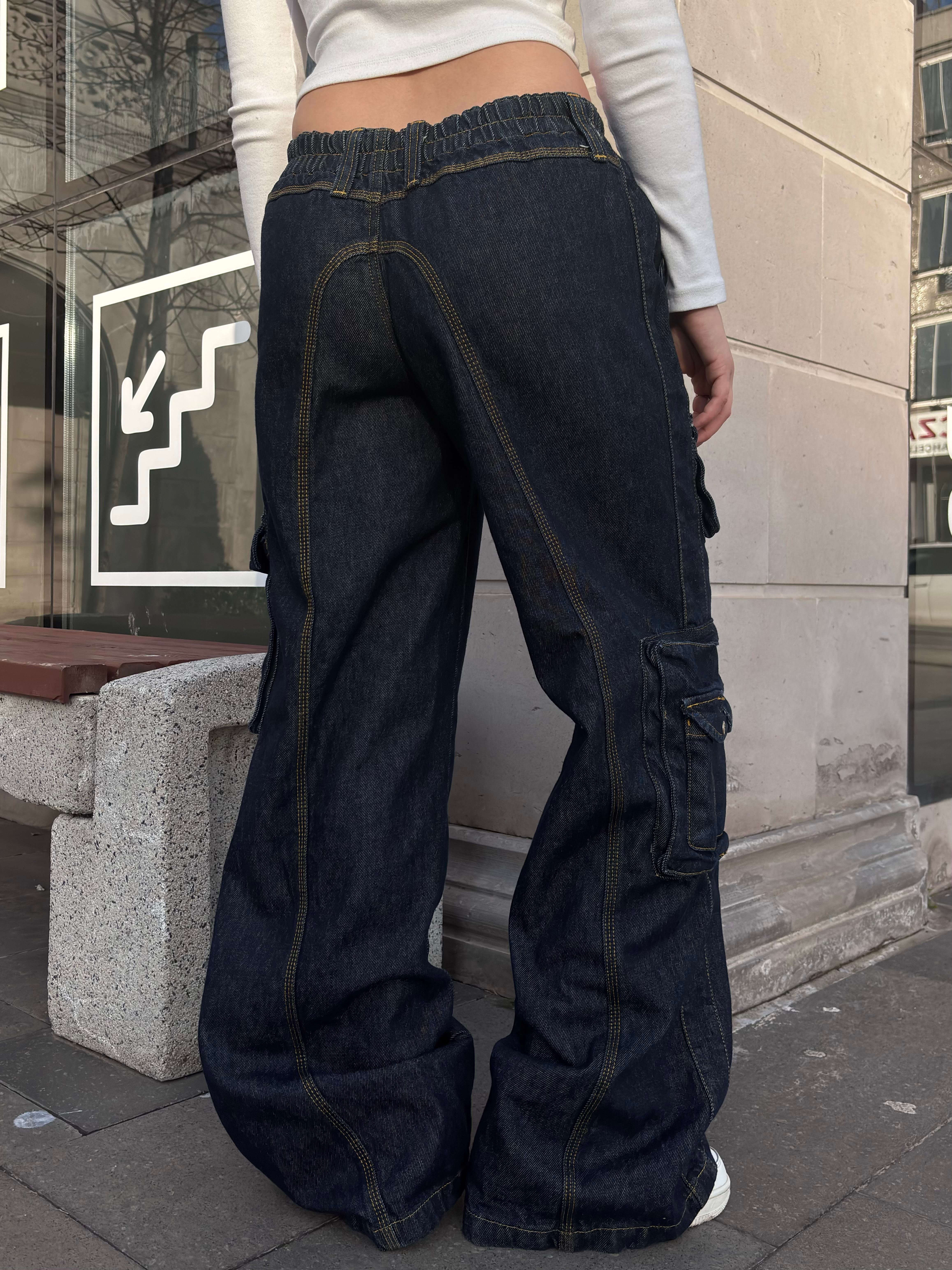 Premium Cyber Y2K Cargo Navy Tinted Jeans