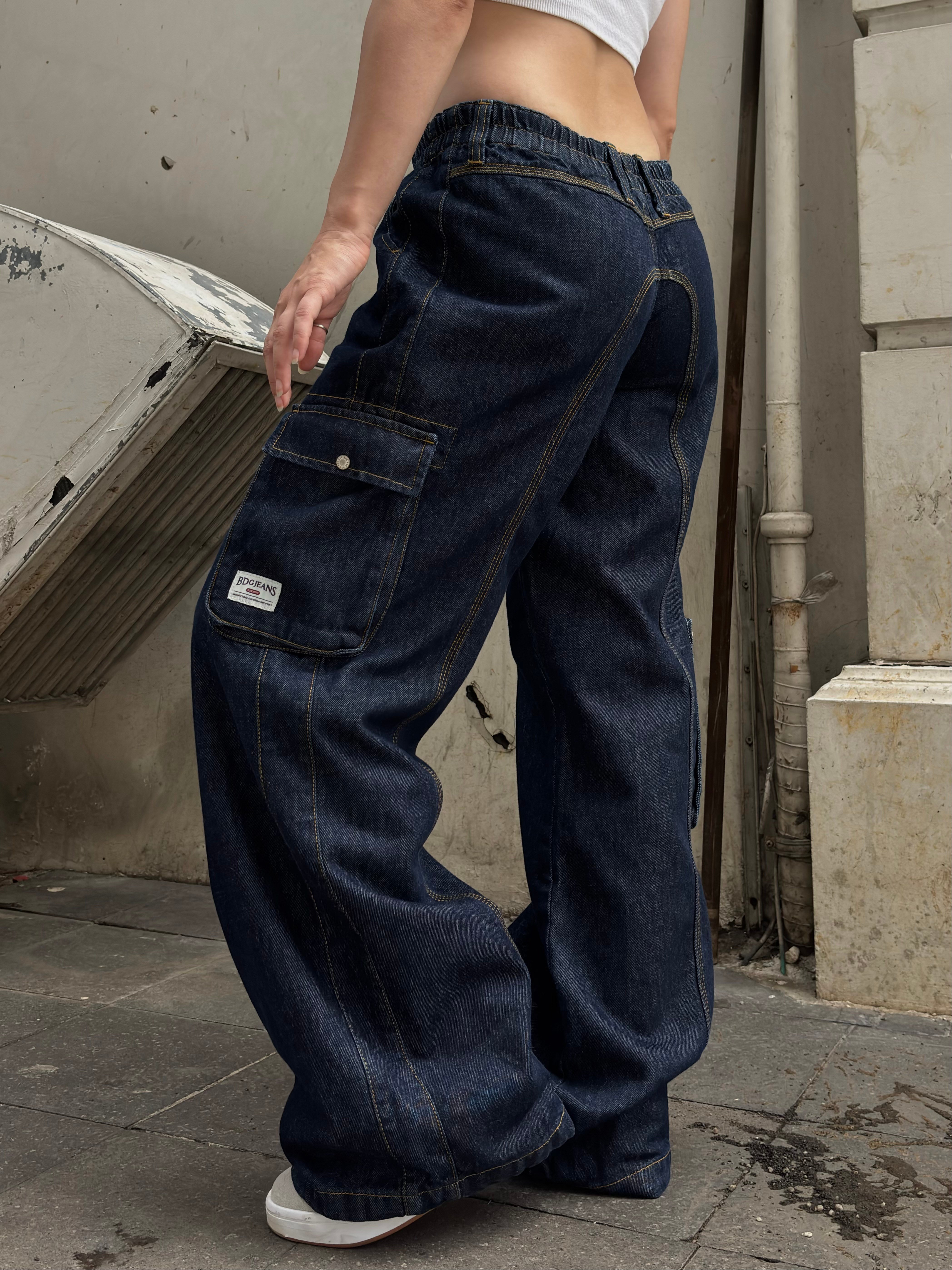 Premium Cyber Y2K Cargo Navy Tinted Jeans