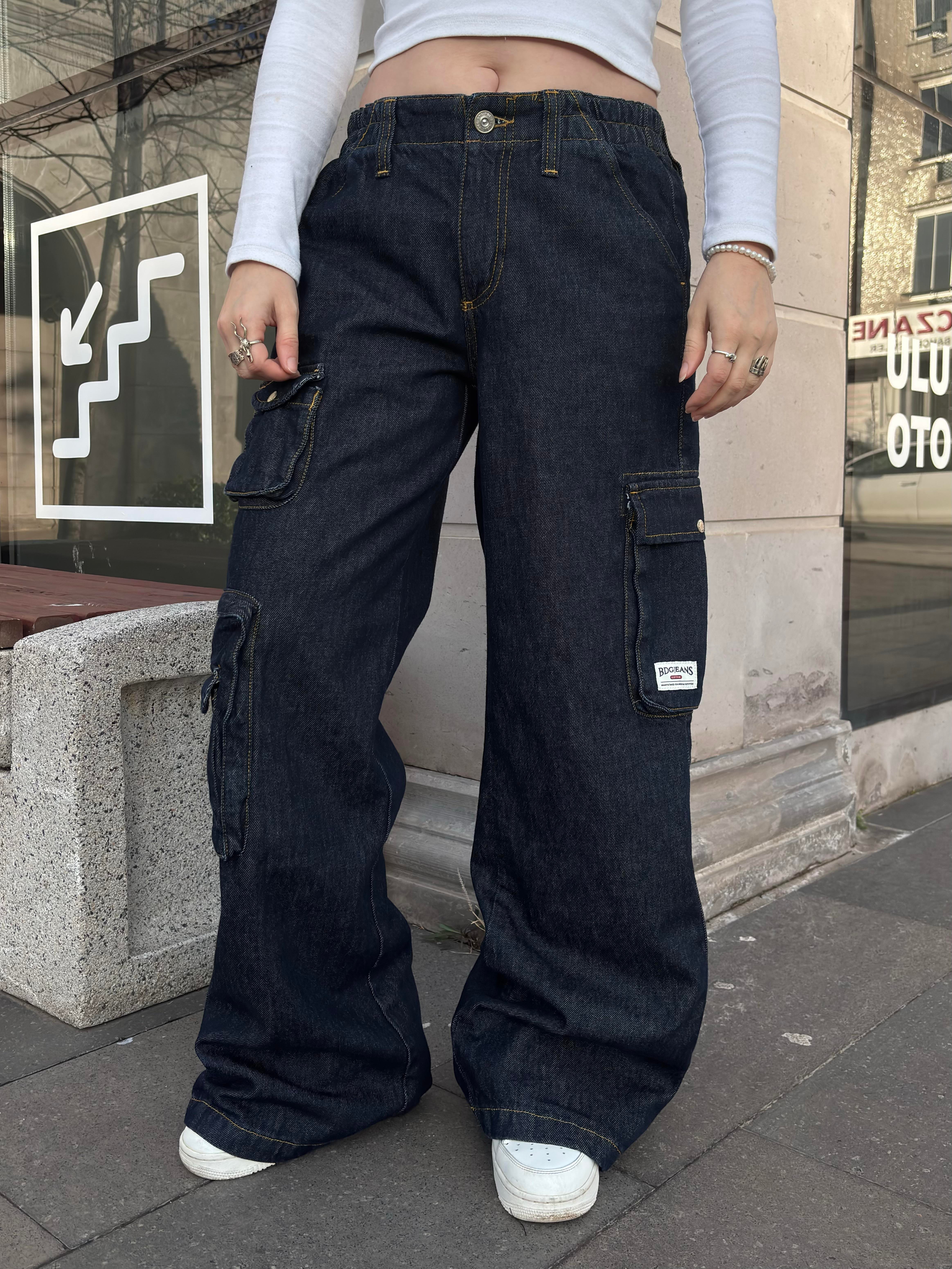 Premium Cyber Y2K Cargo Navy Tinted Jeans