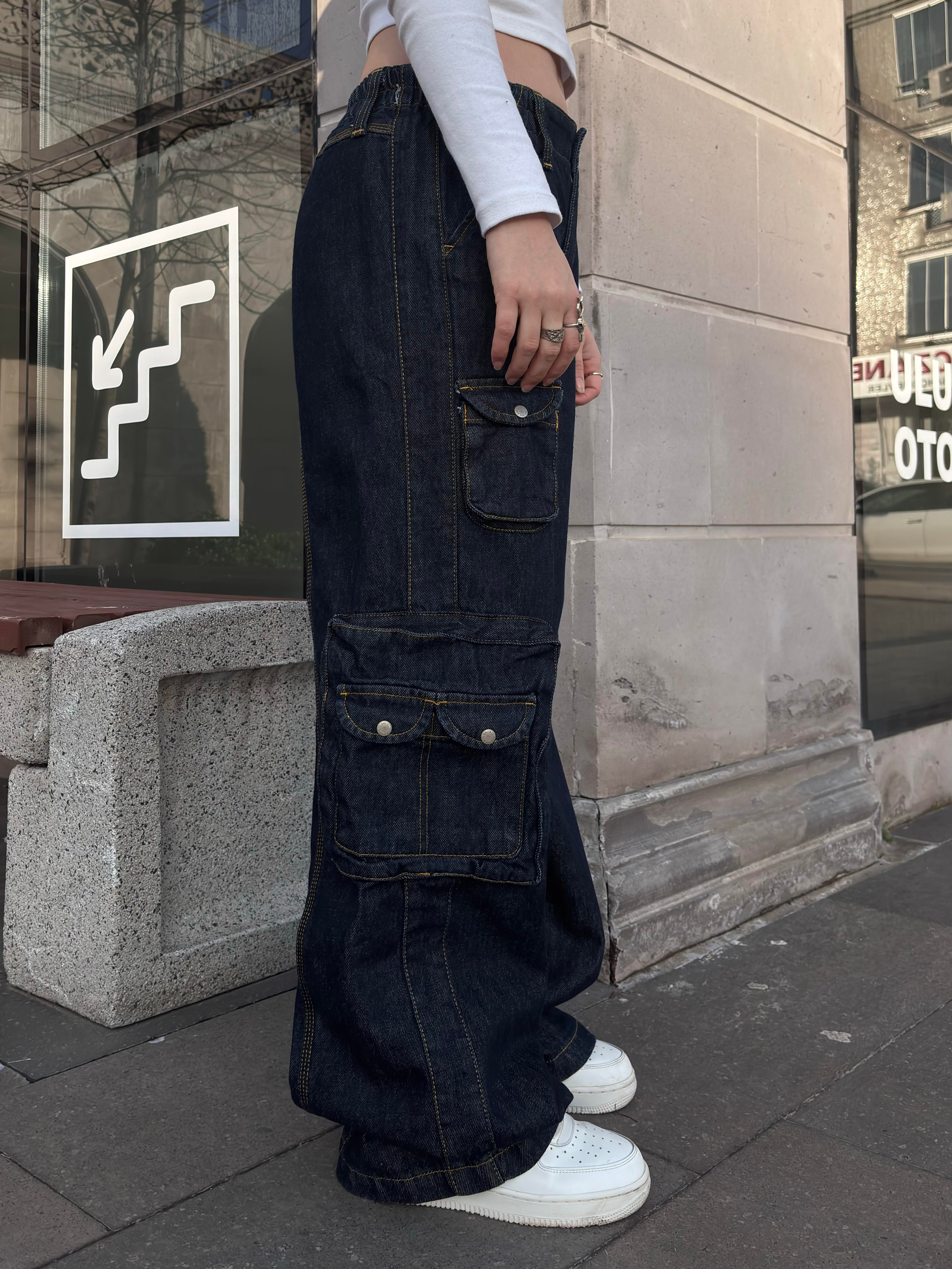 Premium Cyber Y2K Cargo Navy Tinted Jeans