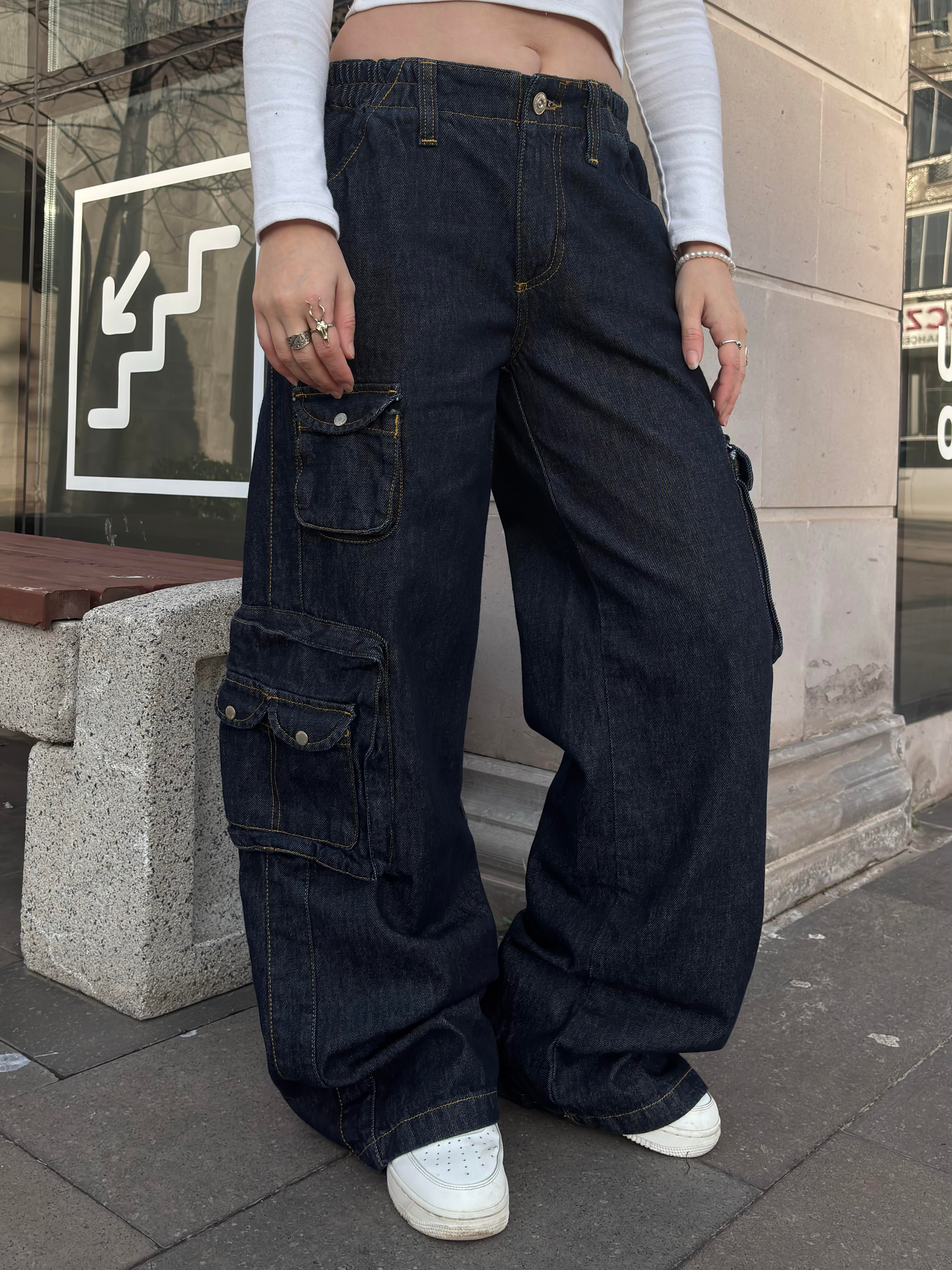 Premium Cyber Y2K Cargo Navy Tinted Jeans
