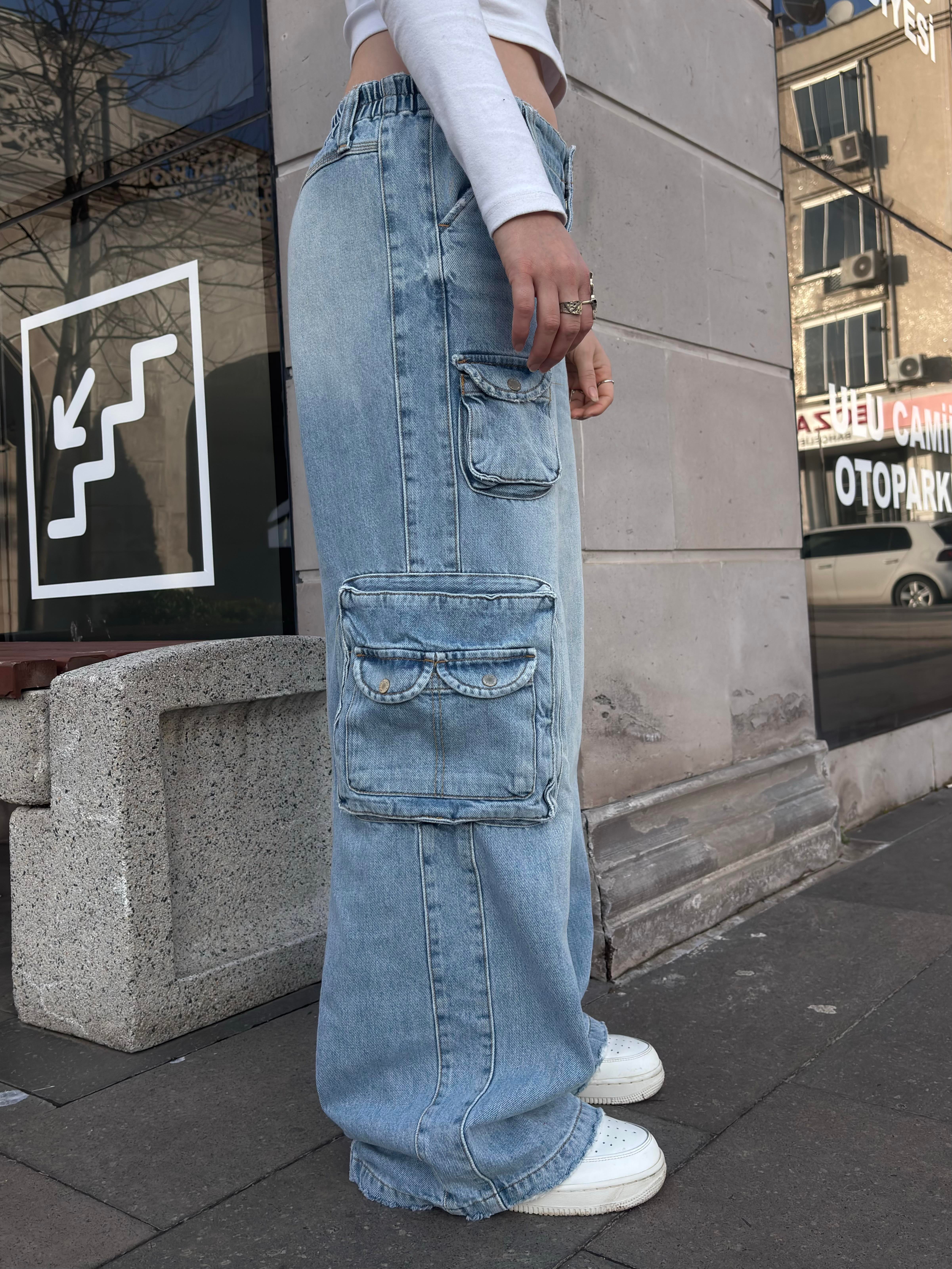 Premium Cyber Y2K Cargo Stone Tinted Blue Jeans