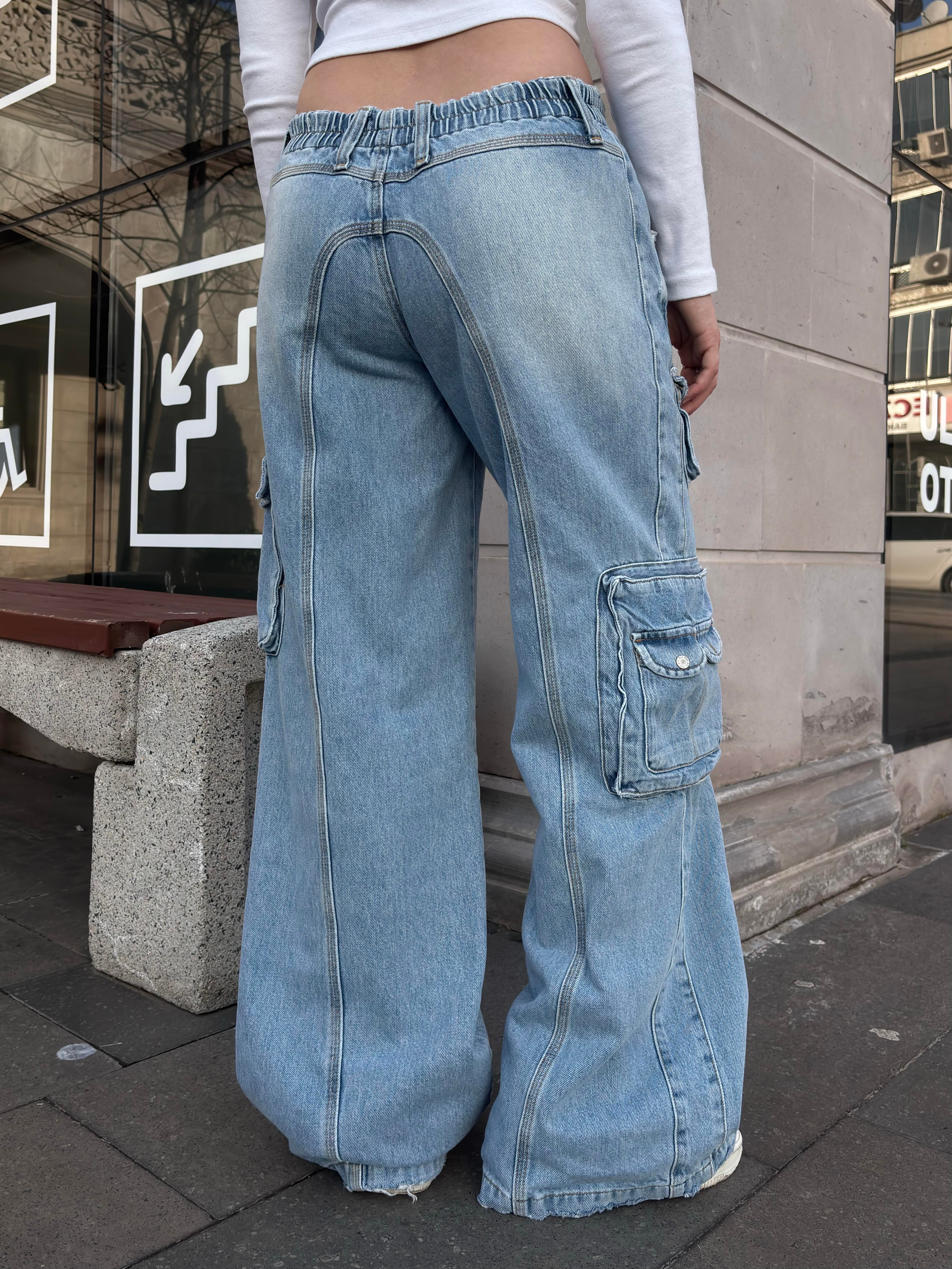 Premium Cyber Y2K Cargo Stone Tinted Blue Jeans