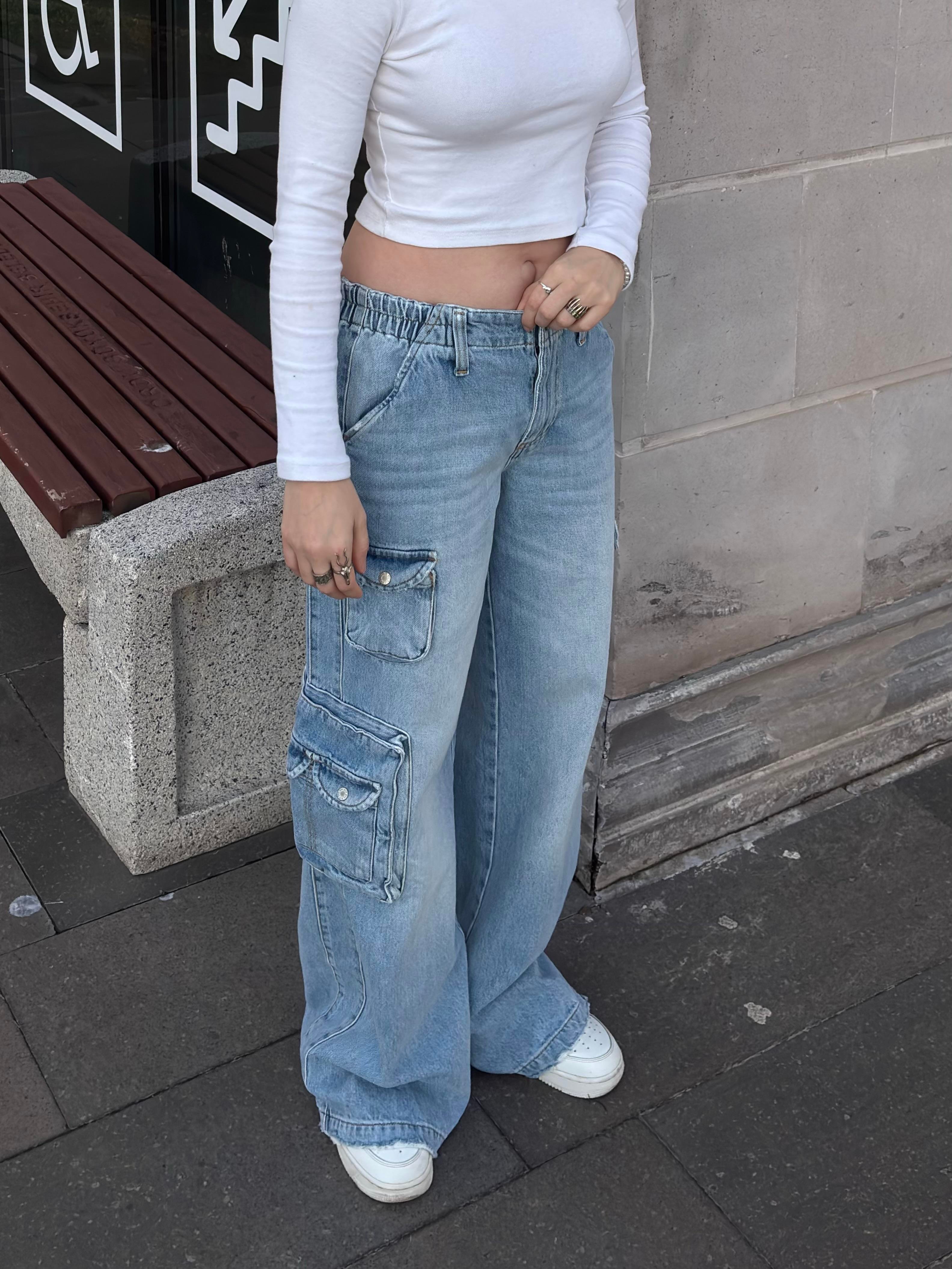Premium Cyber Y2K Cargo Stone Tinted Blue Jeans