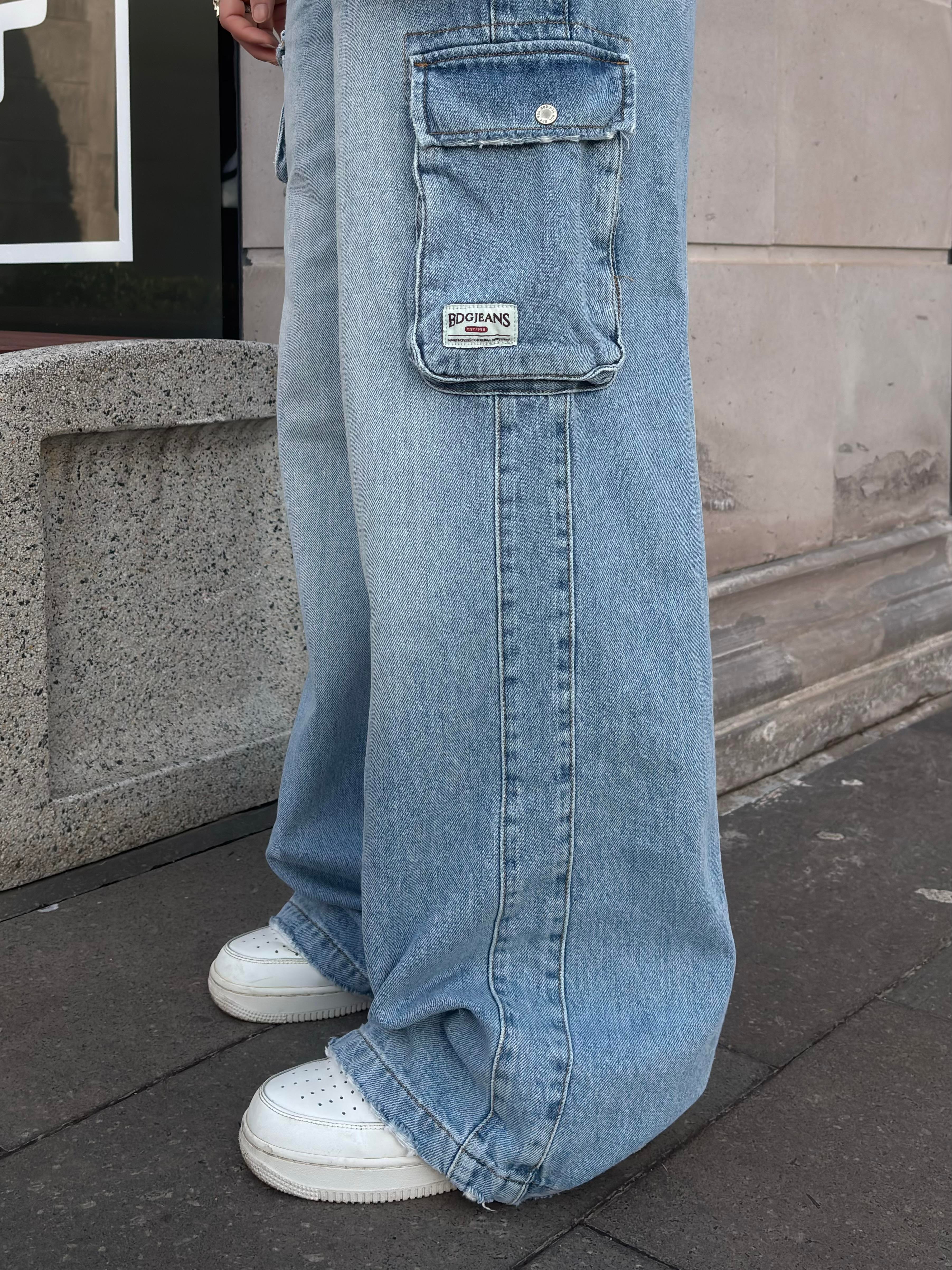 Premium Cyber Y2K Cargo Stone Tinted Blue Jeans