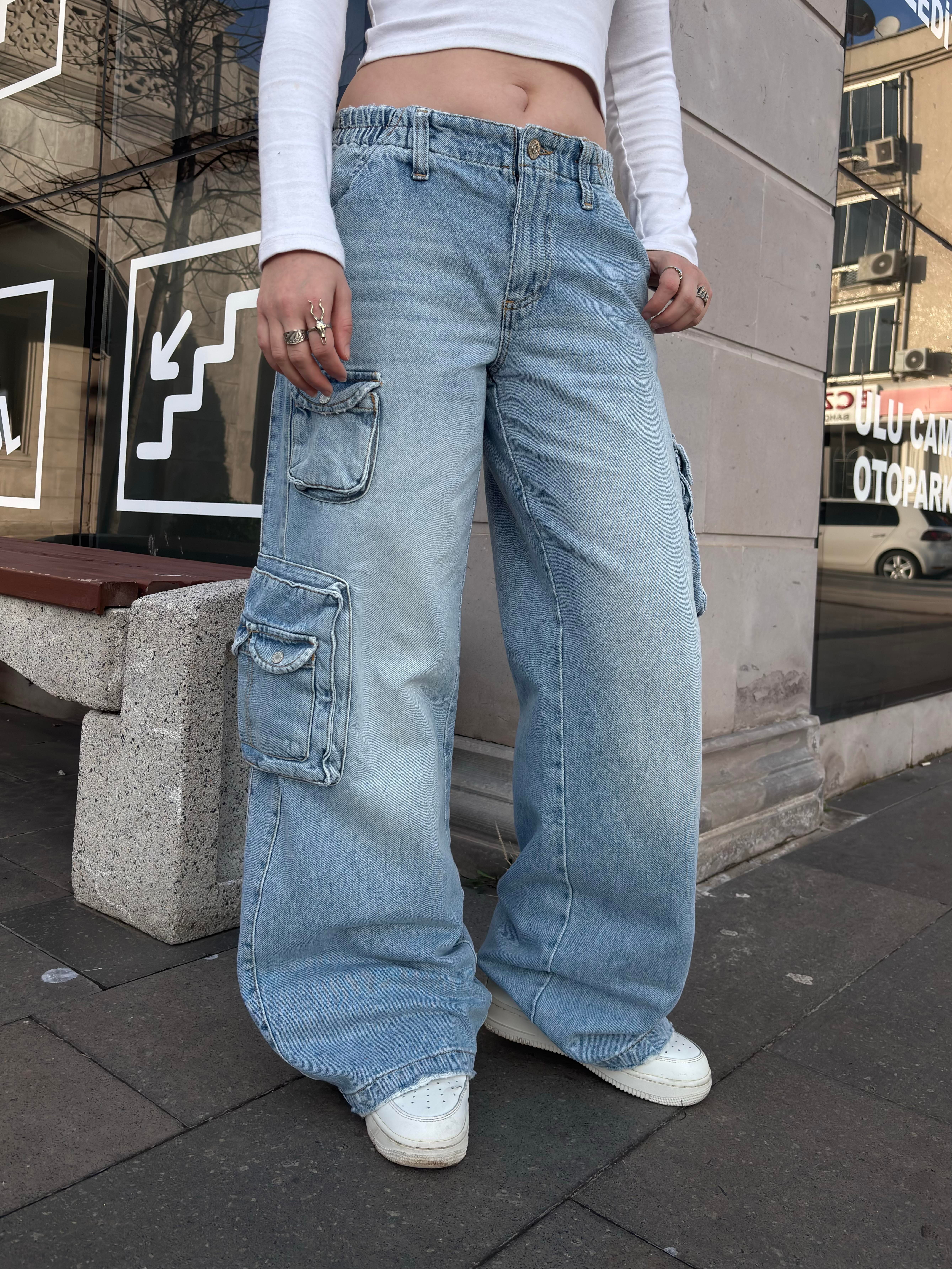 Premium Cyber Y2K Cargo Stone Tinted Blue Jeans