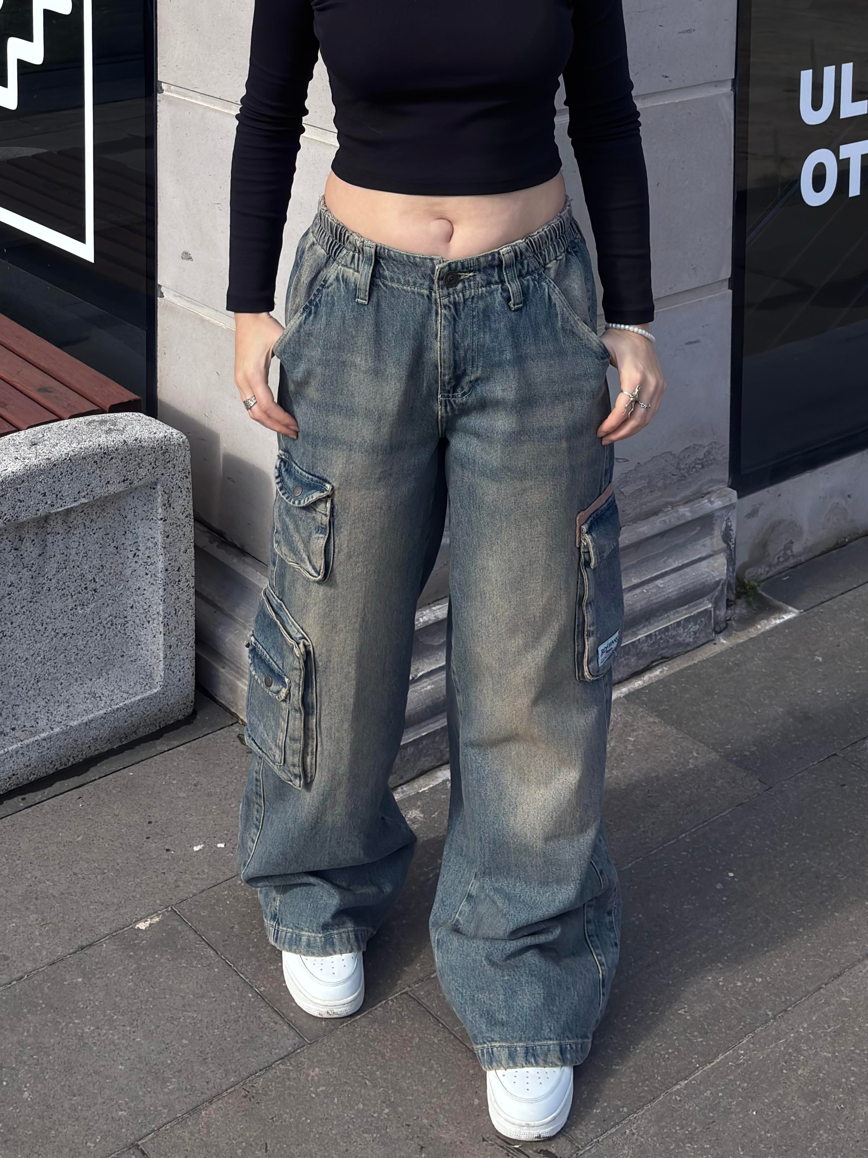 Premium Cyber Y2K Cargo Stone Tinted Jeans