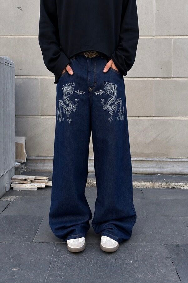 Premium Dark Blue Twin Dragon Baggy Jeans