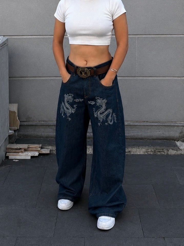 Premium Dark Blue Twin Dragon Baggy Jeans