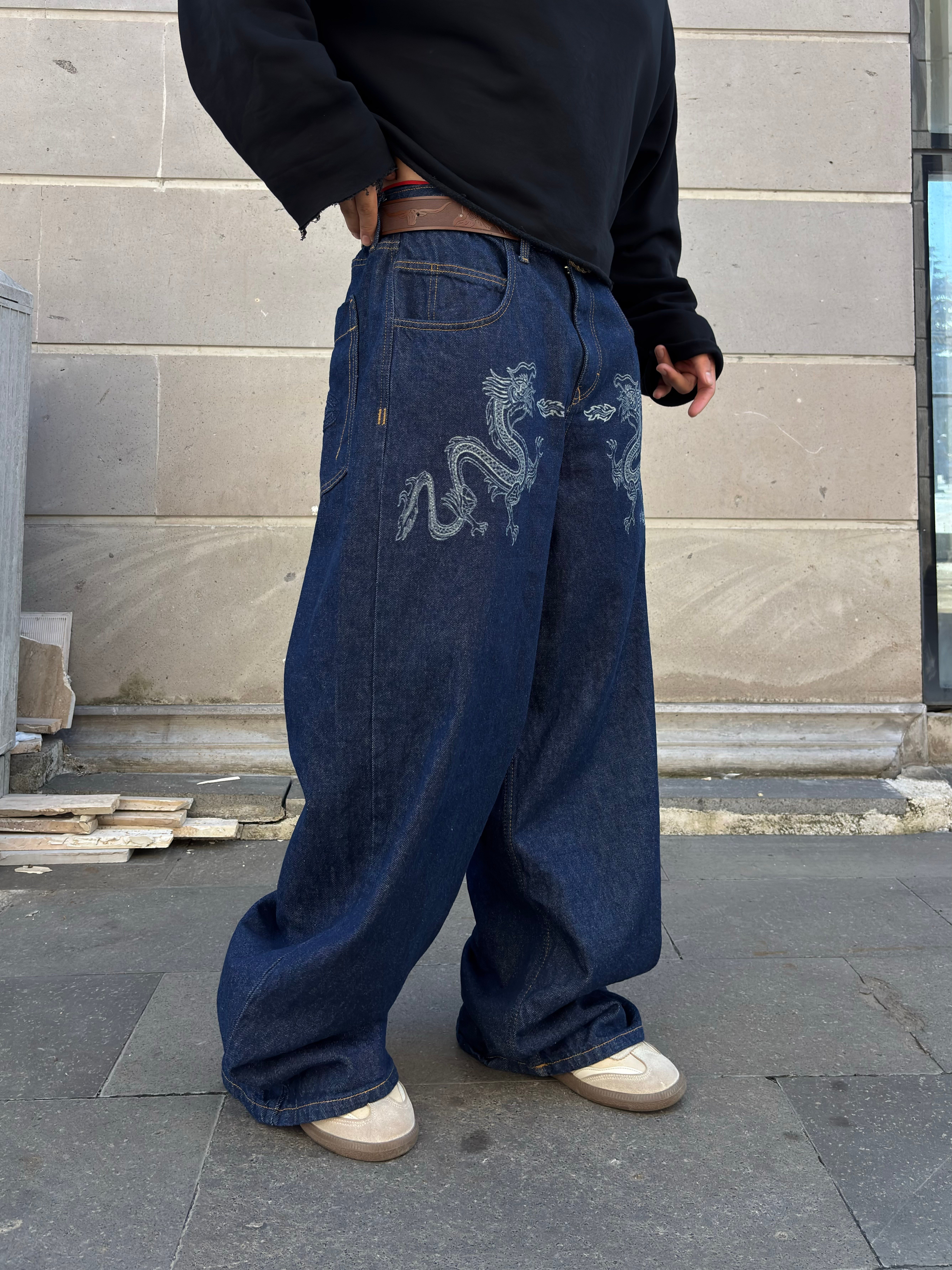 Premium Dark Blue Twin Dragon Baggy Jeans