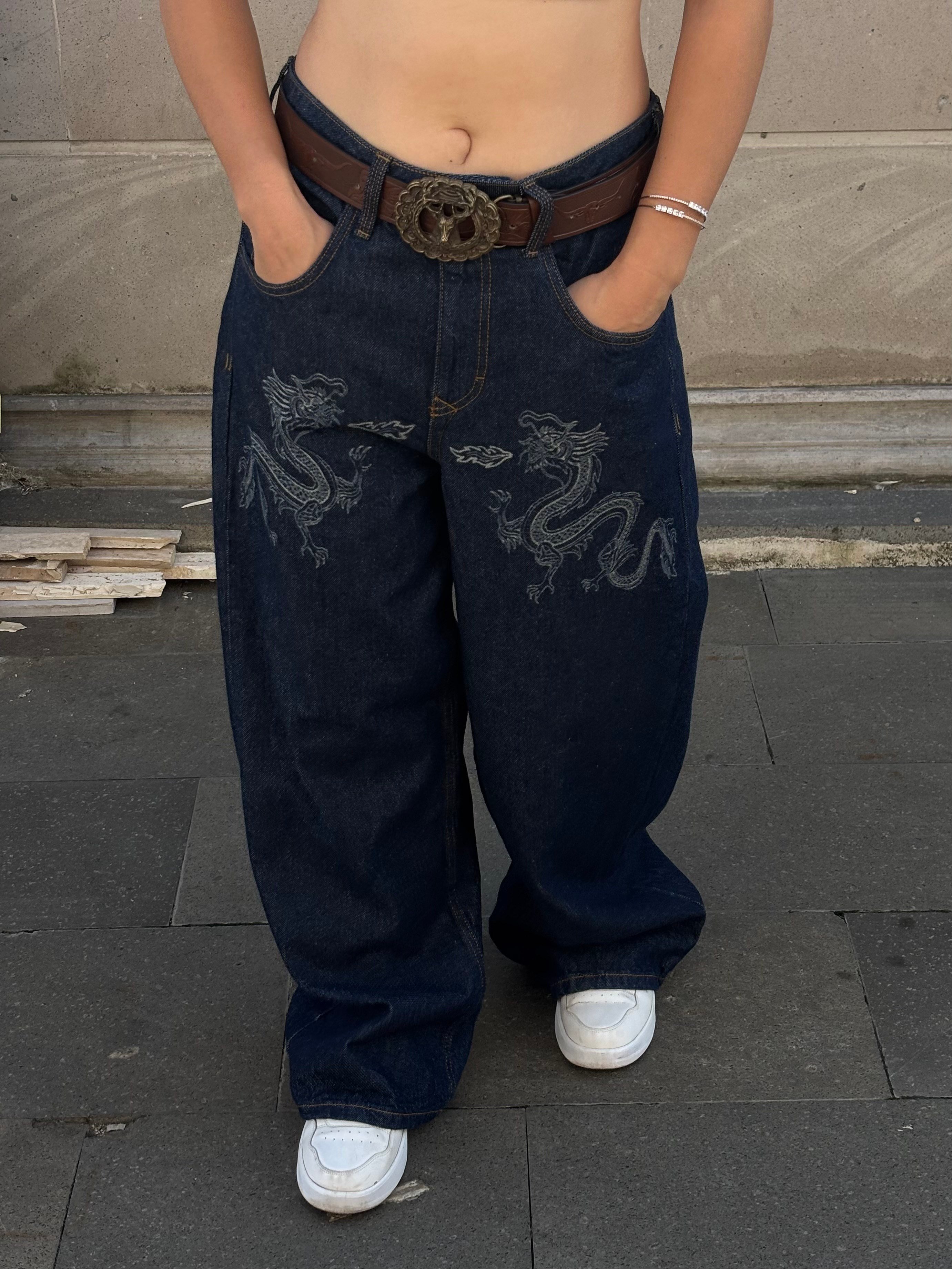 Premium Dark Blue Twin Dragon Baggy Jeans