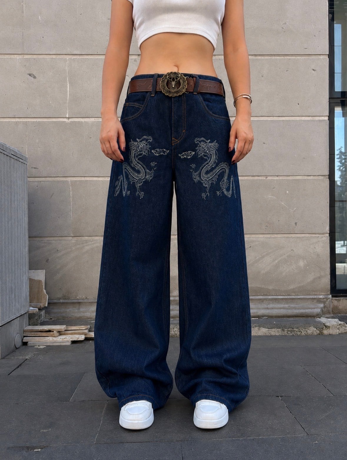 Premium Dark Blue Twin Dragon Baggy Jeans