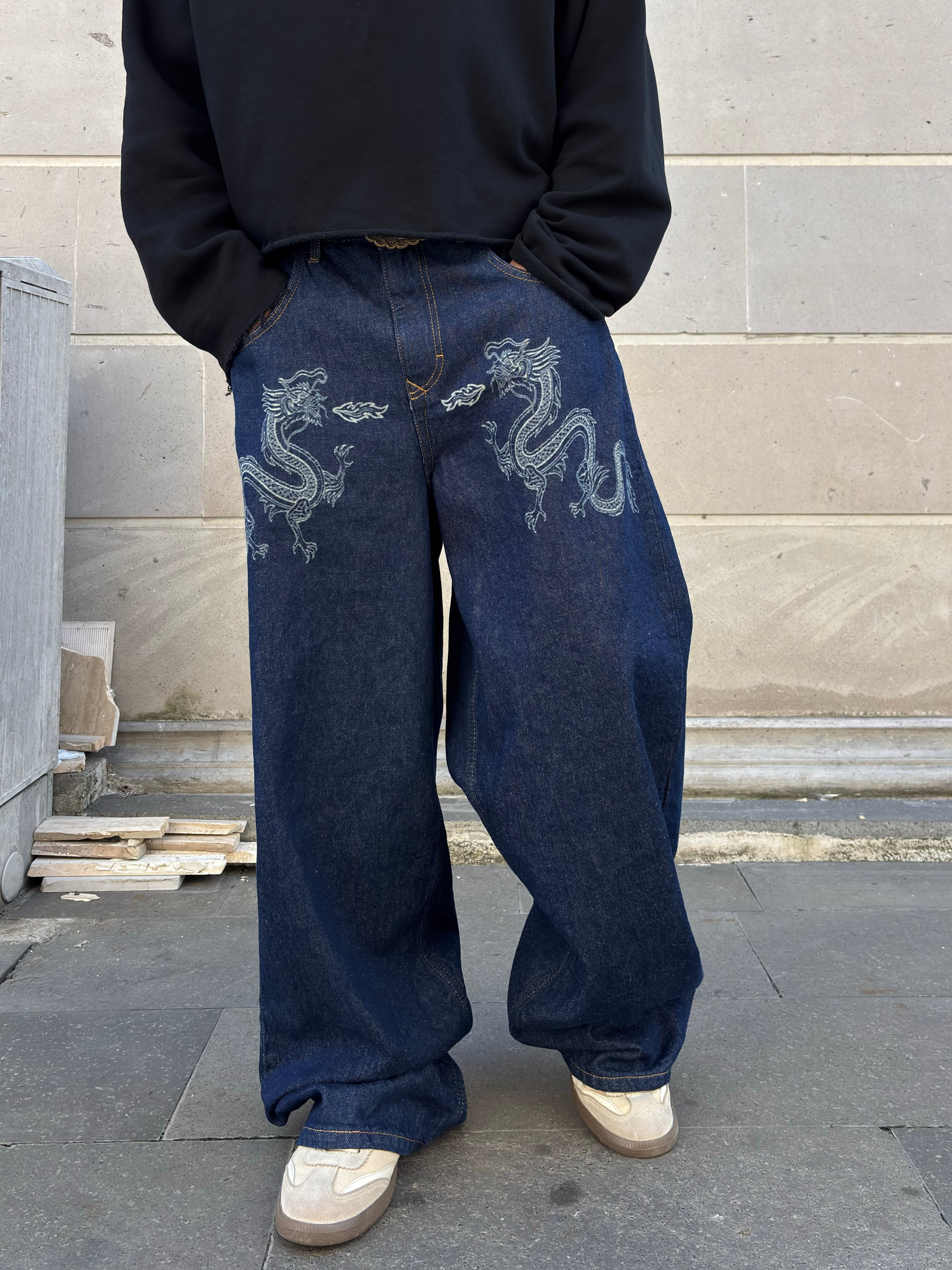 Premium Dark Blue Twin Dragon Baggy Jeans