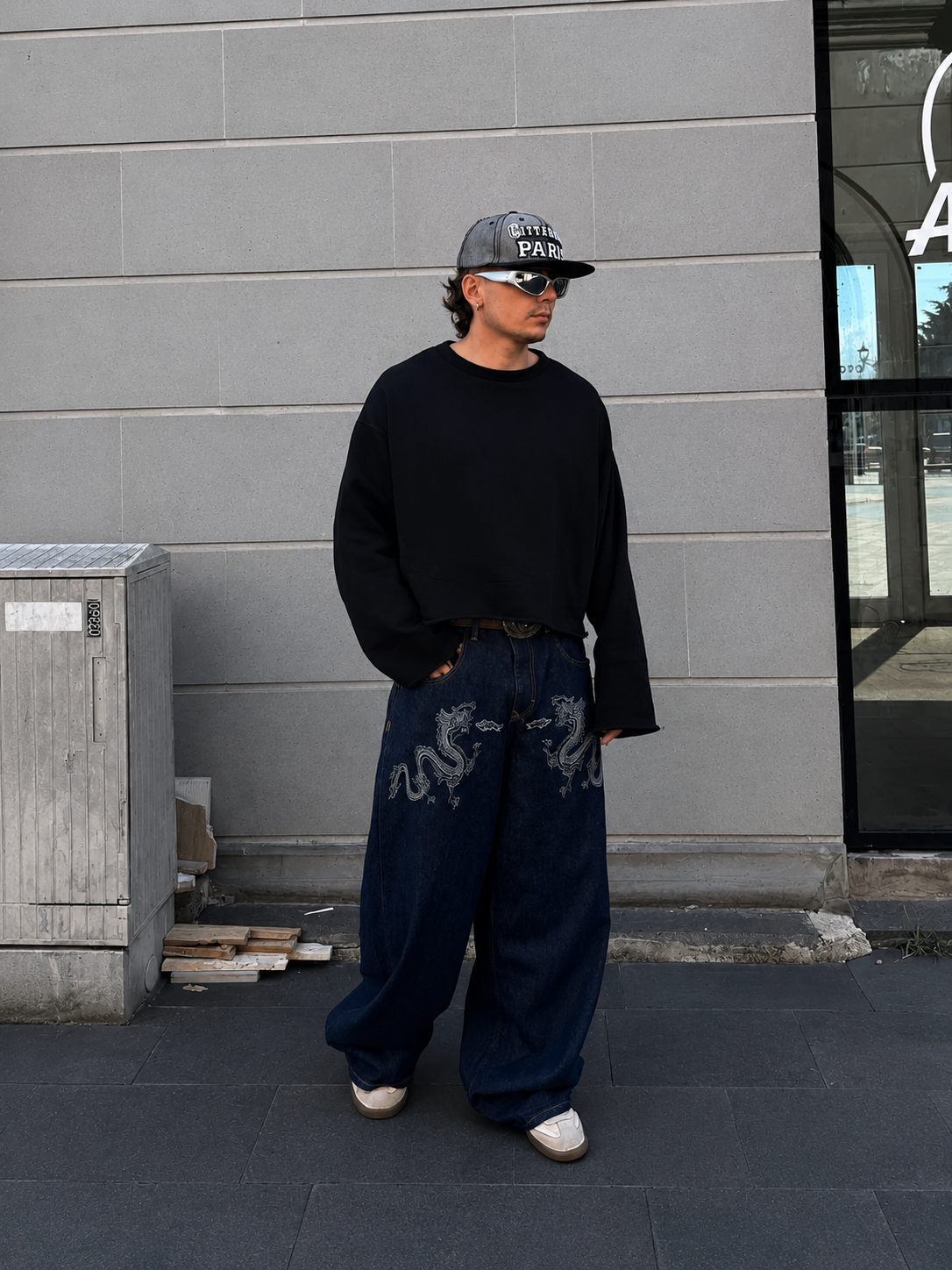 Premium Dark Blue Twin Dragon Baggy Jeans