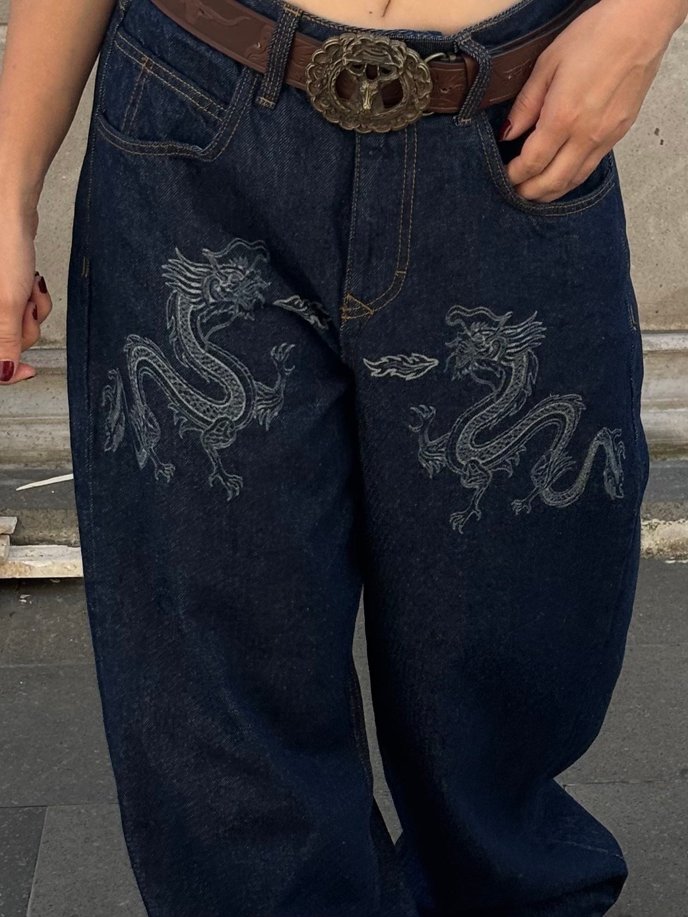 Premium Dark Blue Twin Dragon Baggy Jeans
