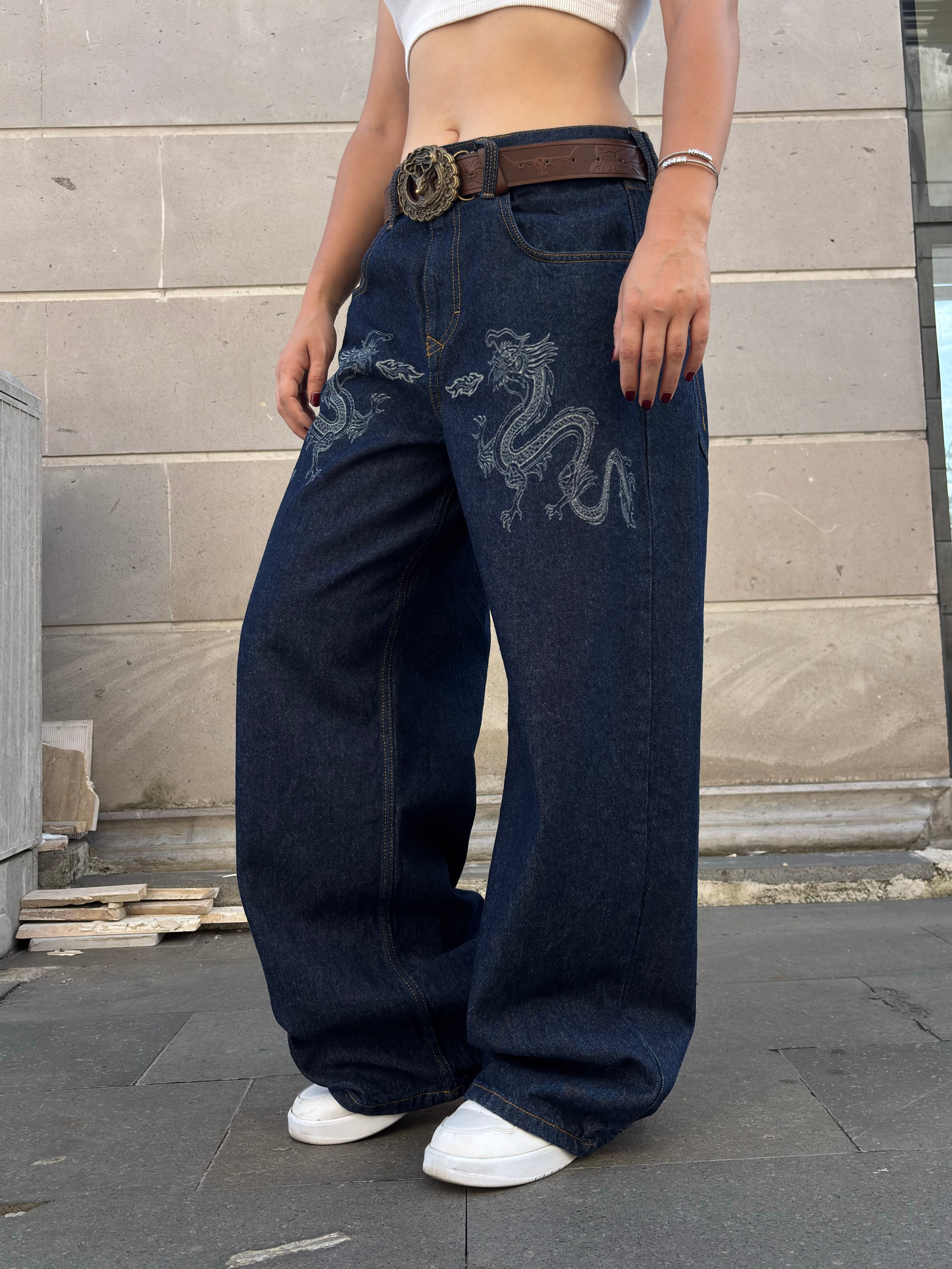 Premium Dark Blue Twin Dragon Baggy Jeans