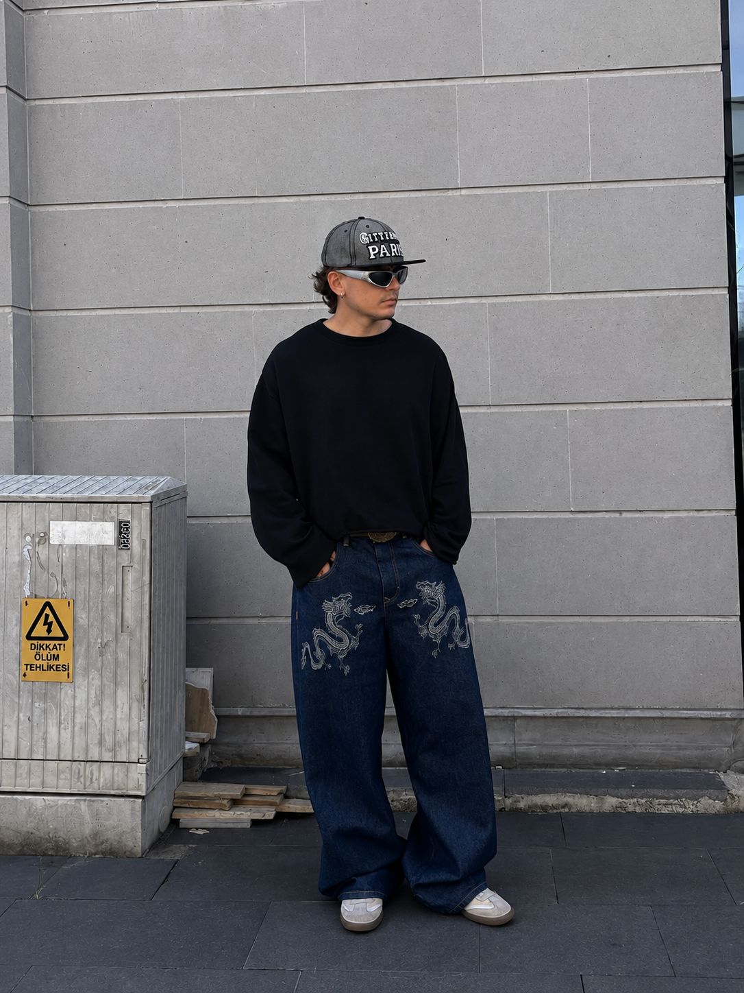 Premium Dark Blue Twin Dragon Baggy Jeans