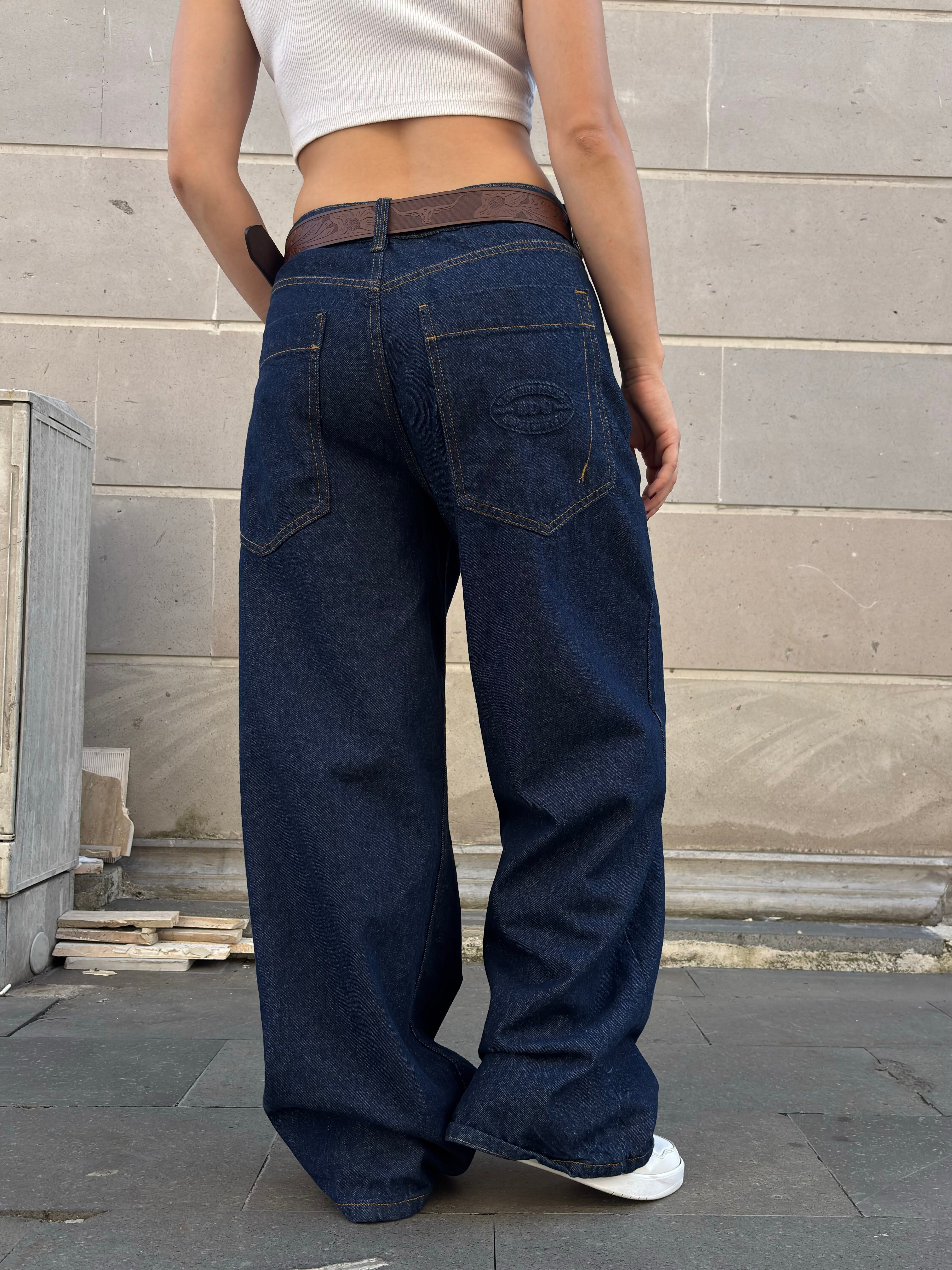 Premium Dark Blue Twin Dragon Baggy Jeans