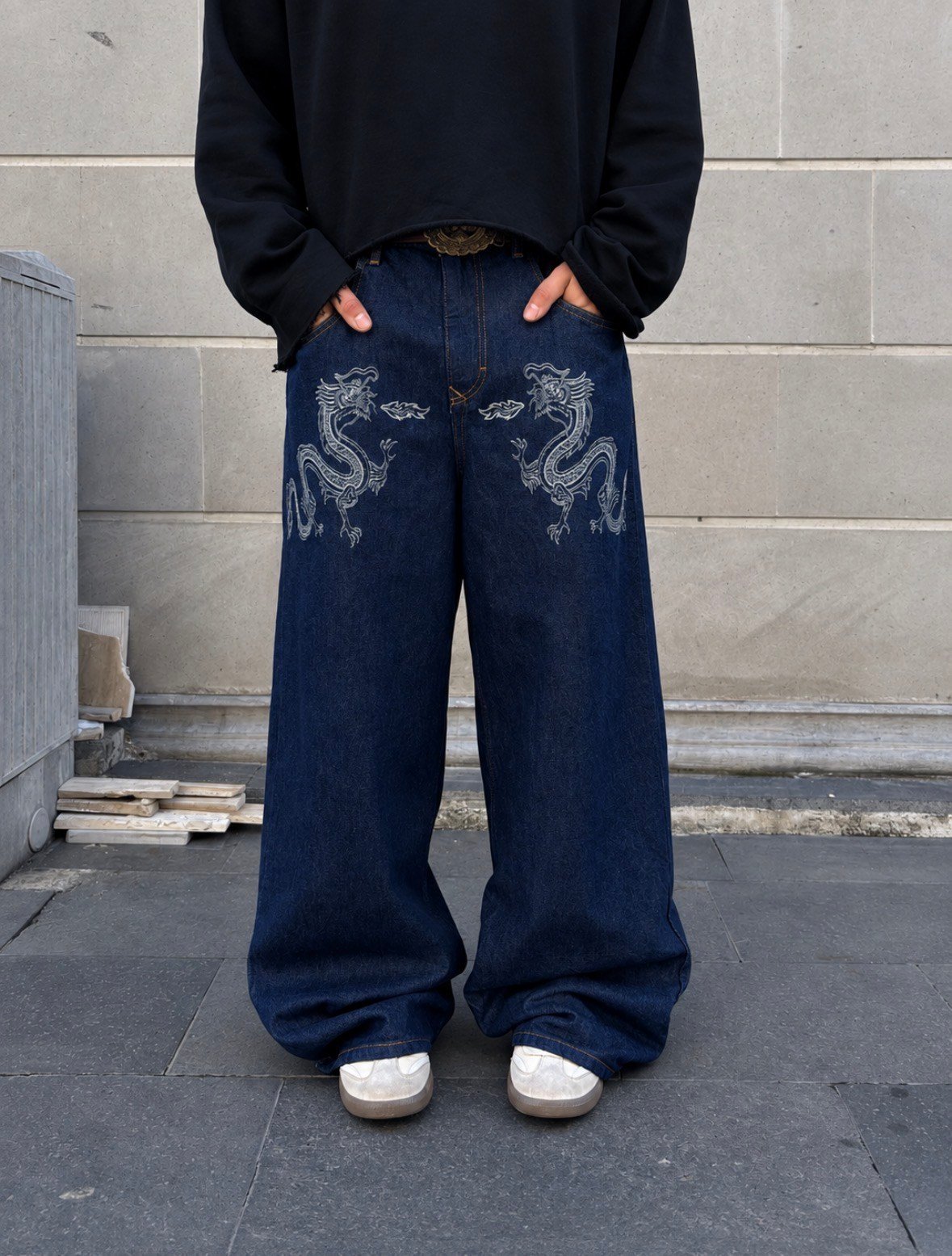 Premium Dark Blue Twin Dragon Baggy Jeans