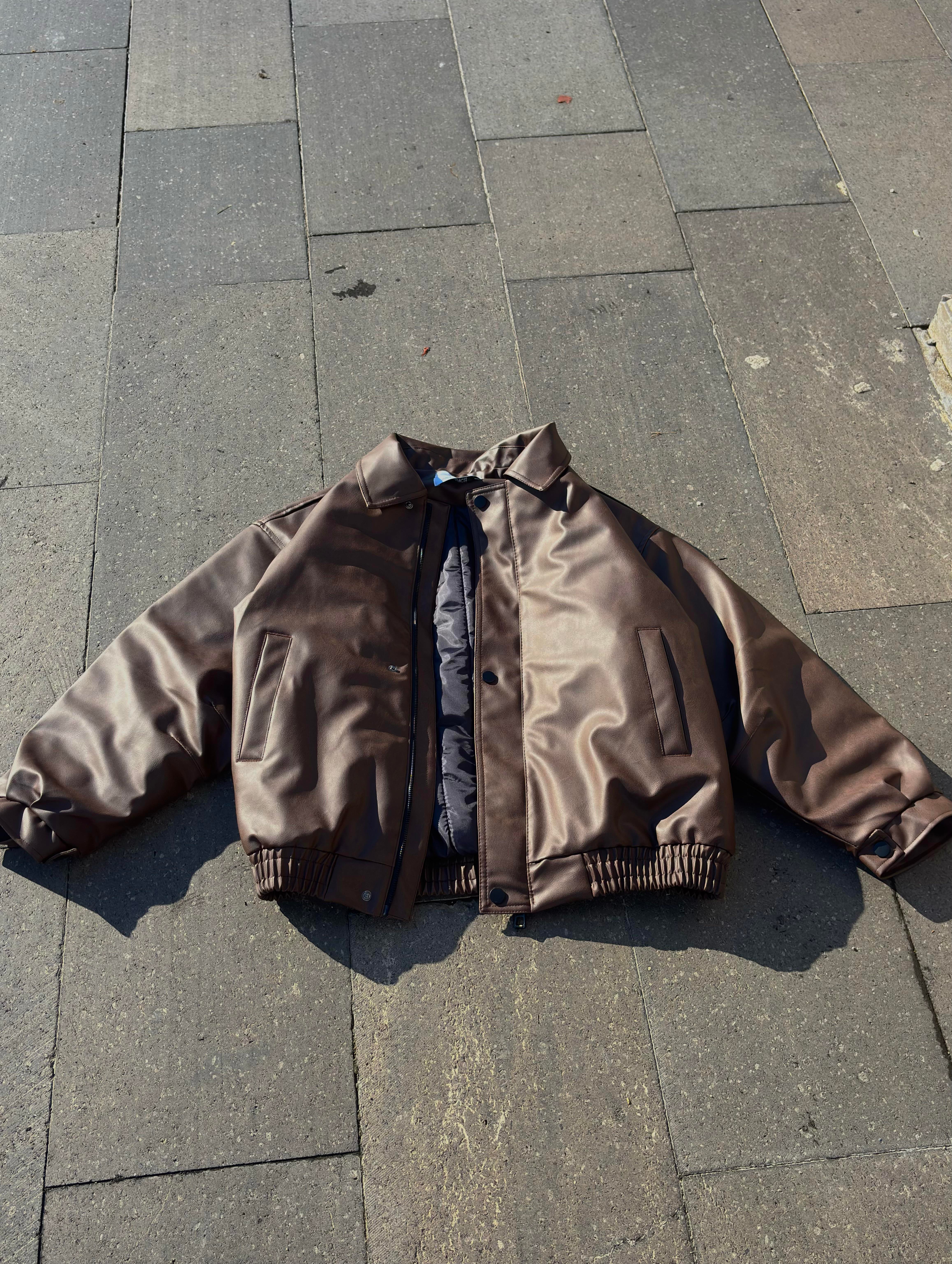 Premium Dark Brown Bomber Full-Zip Deri Ceket