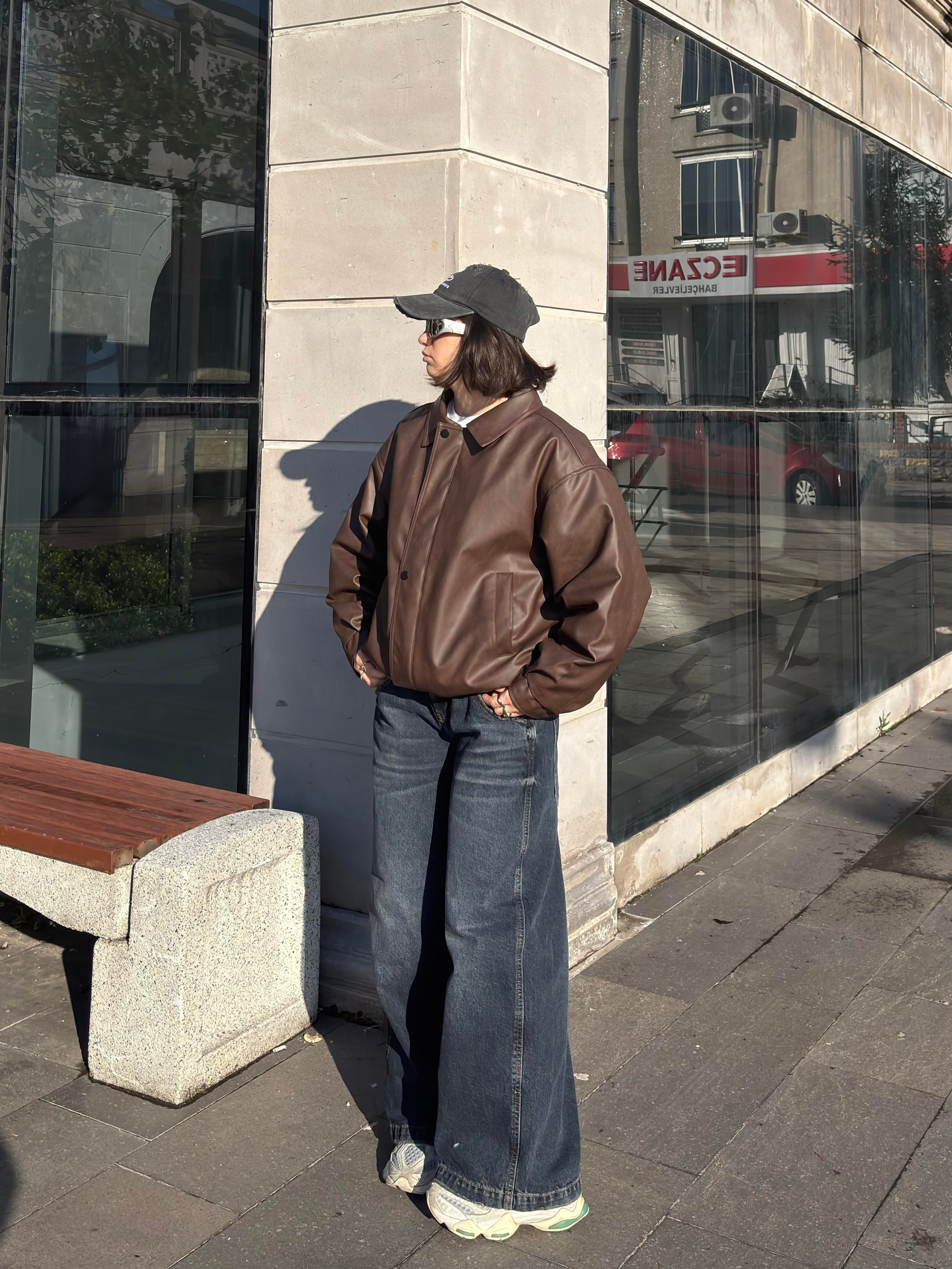 Premium Dark Brown Bomber Full-Zip Deri Ceket
