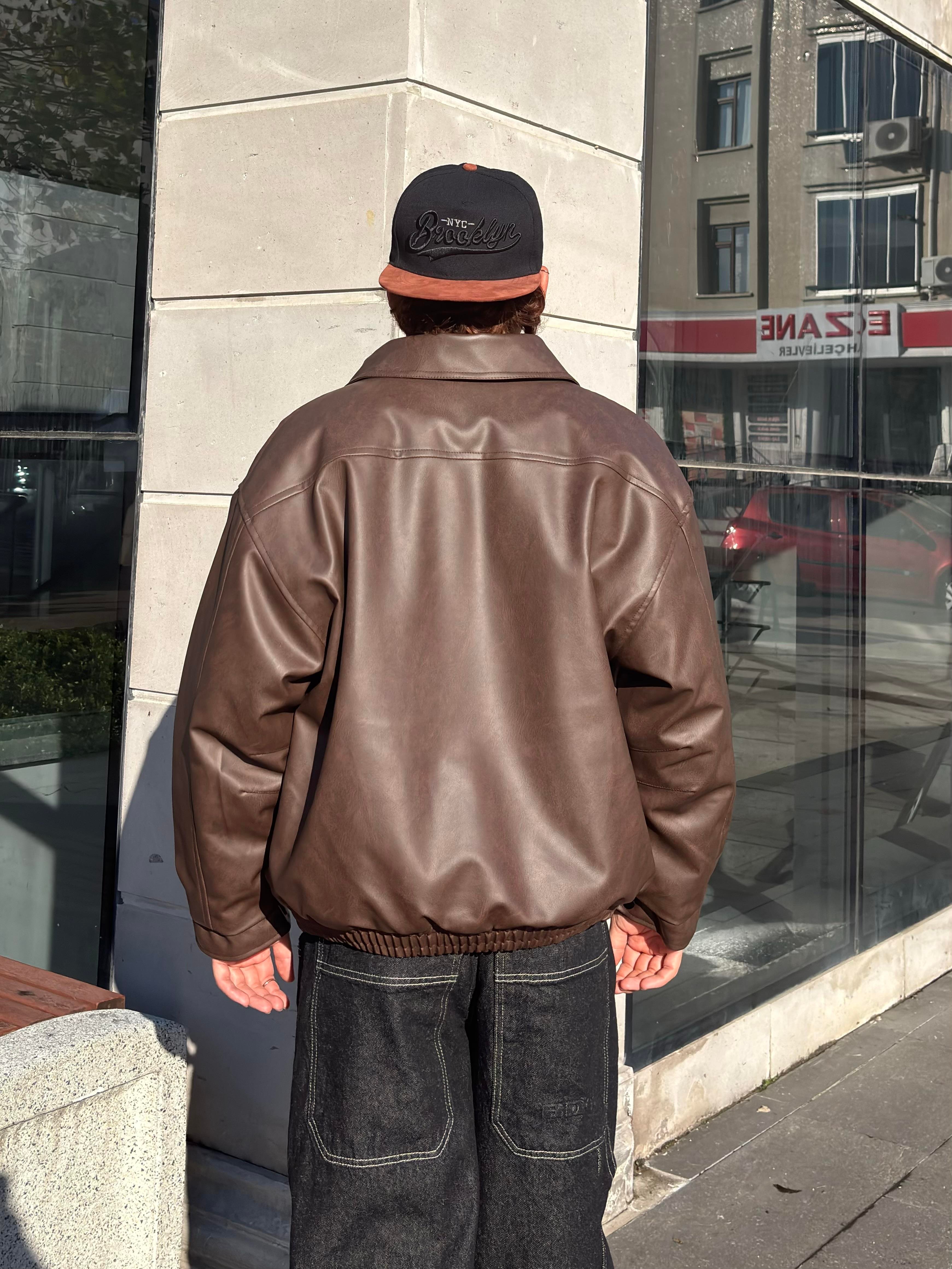 Premium Dark Brown Bomber Full-Zip Deri Ceket