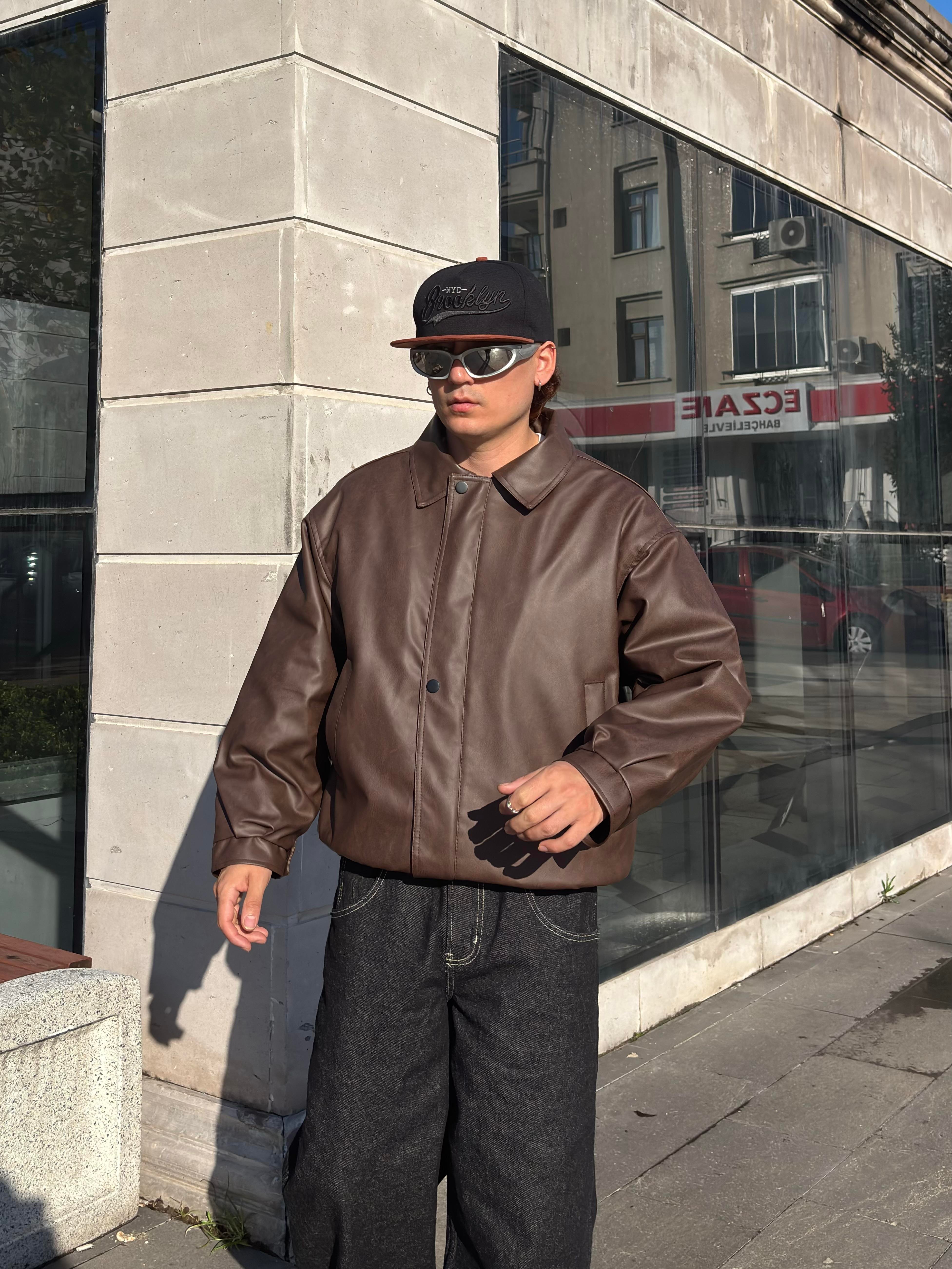 Premium Dark Brown Bomber Full-Zip Deri Ceket